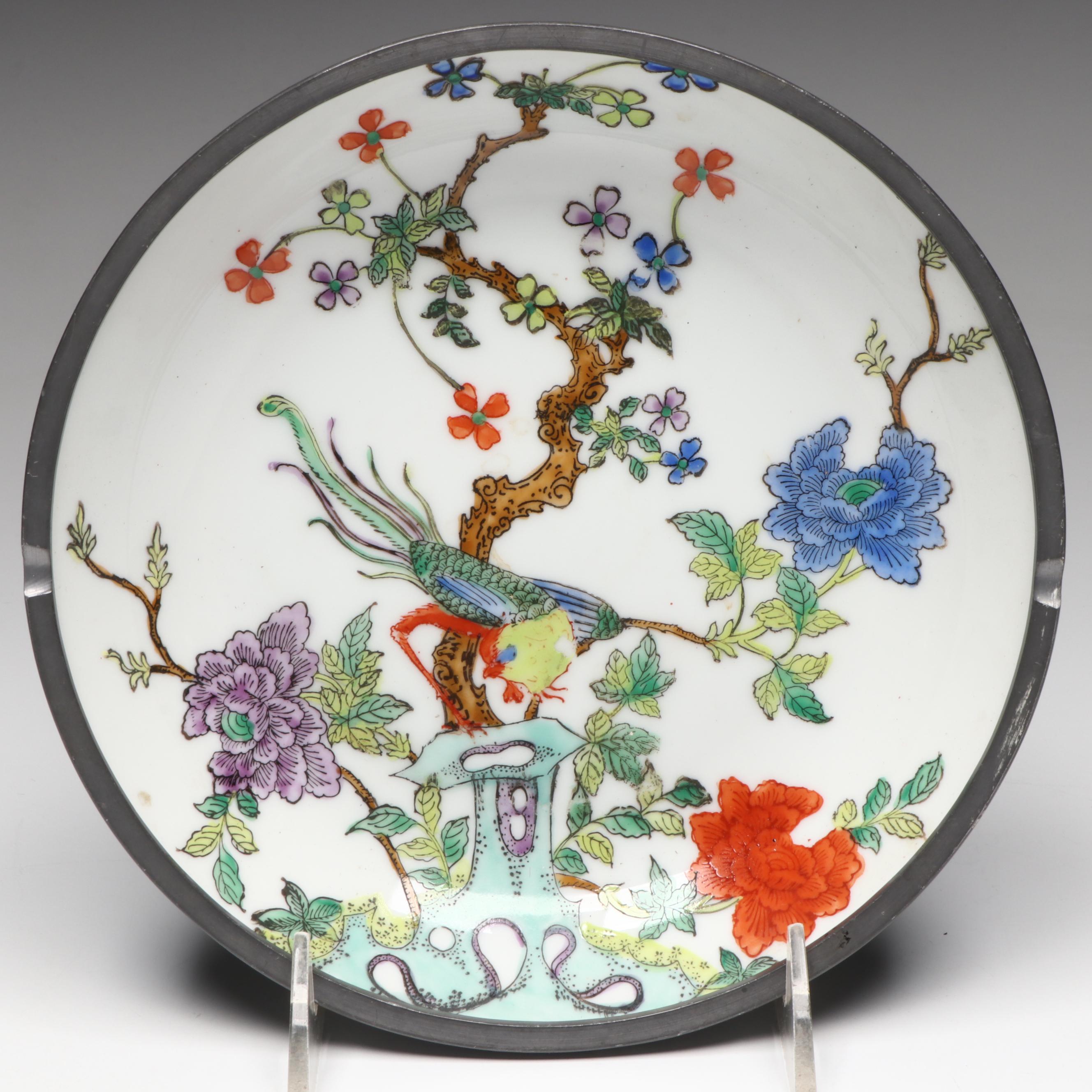 Porcelain and Metal Ashtray and Ceramic Bird Figurine