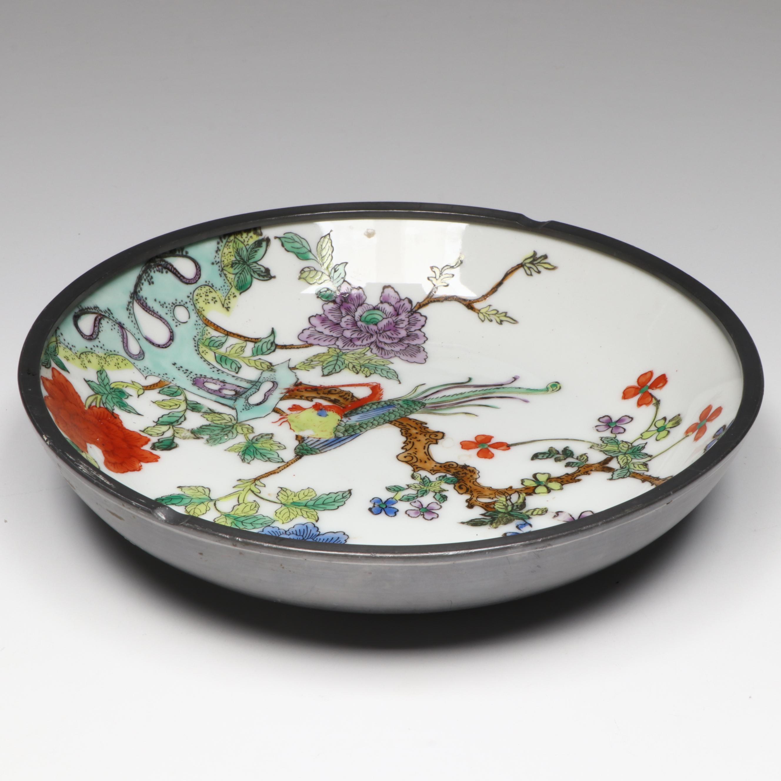 Porcelain and Metal Ashtray and Ceramic Bird Figurine