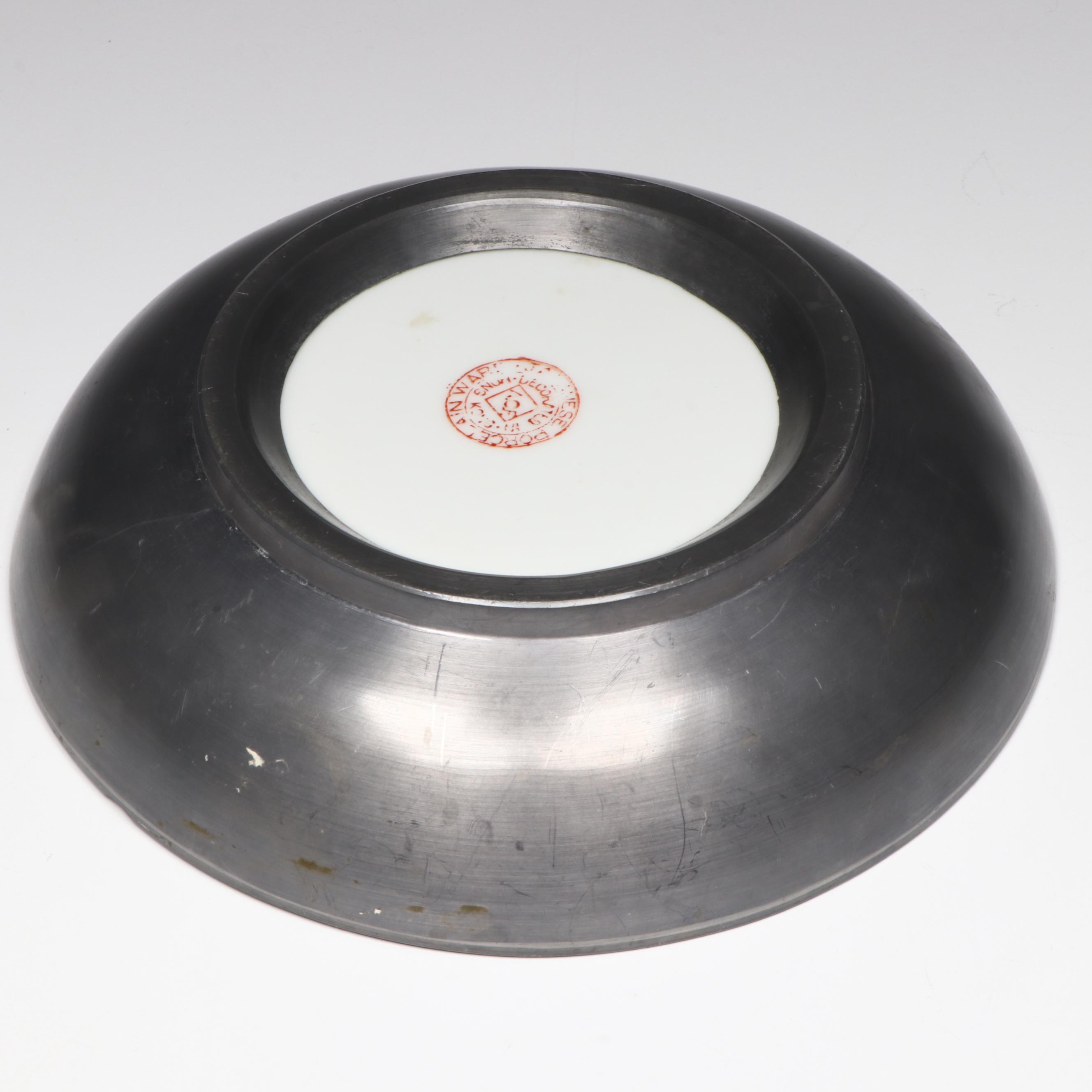 Porcelain and Metal Ashtray and Ceramic Bird Figurine