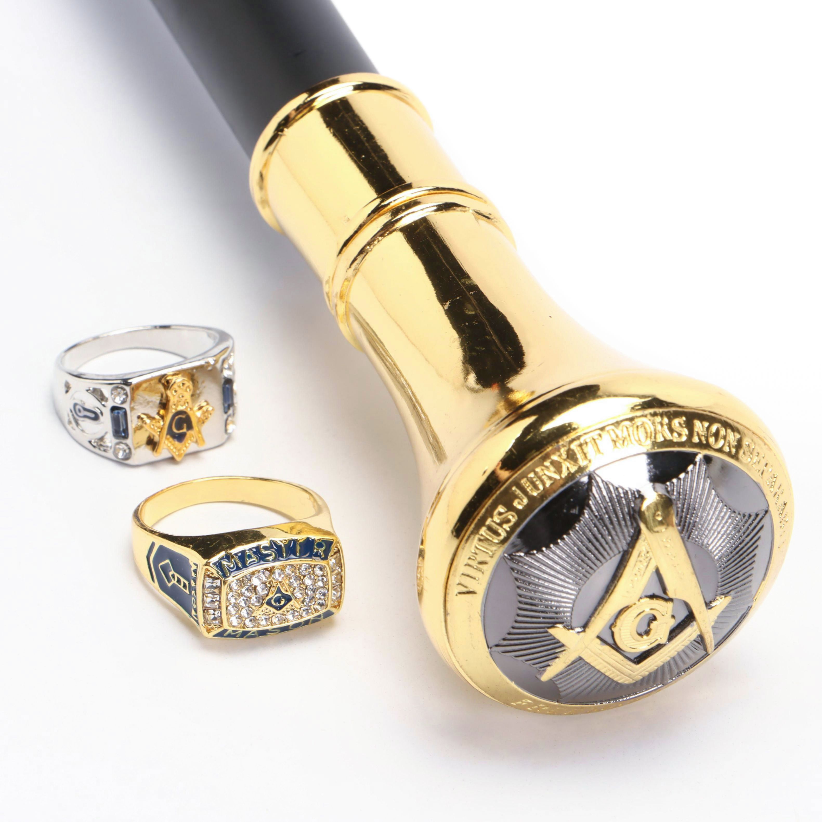 Masonic Handled Cane with Embellished Rings