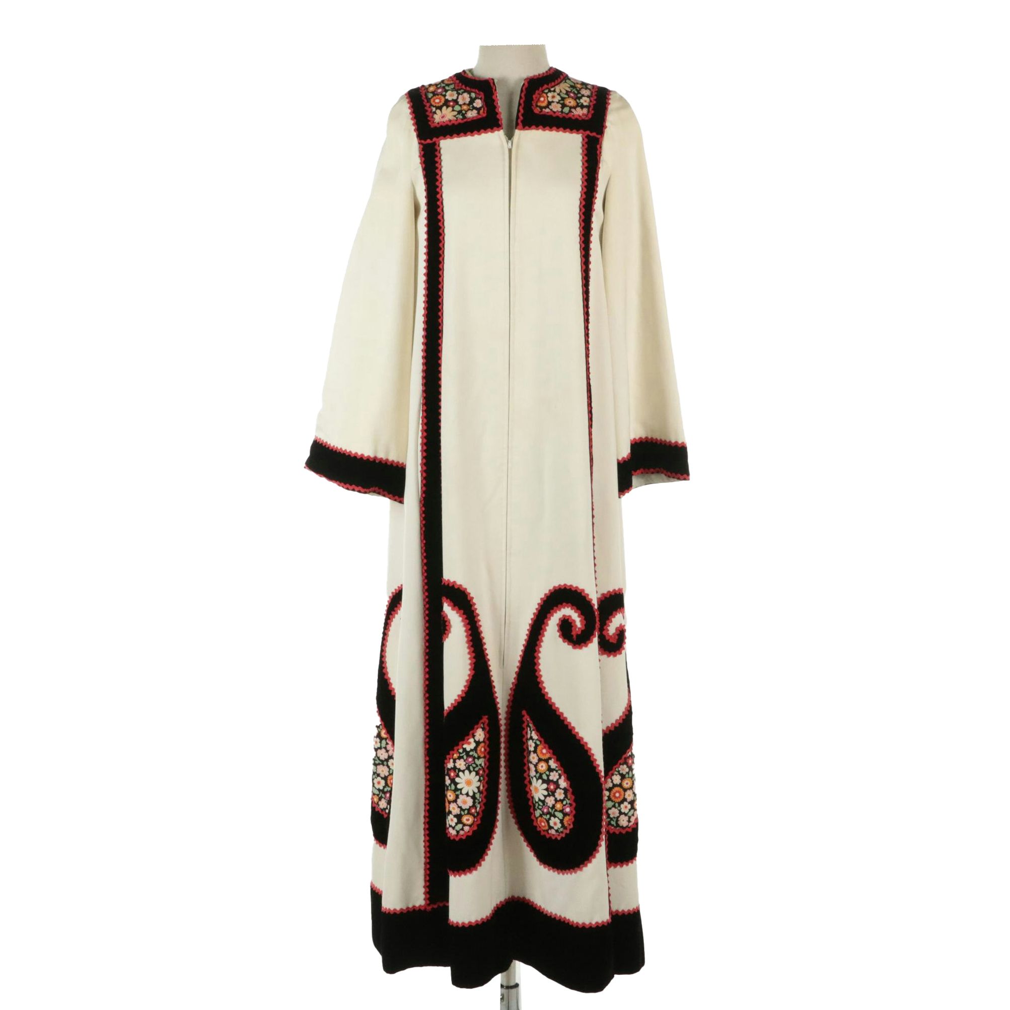 Malcolm Starr Zipper-Front Caftan Dress in Floral Print Paisley Motif, 1970s