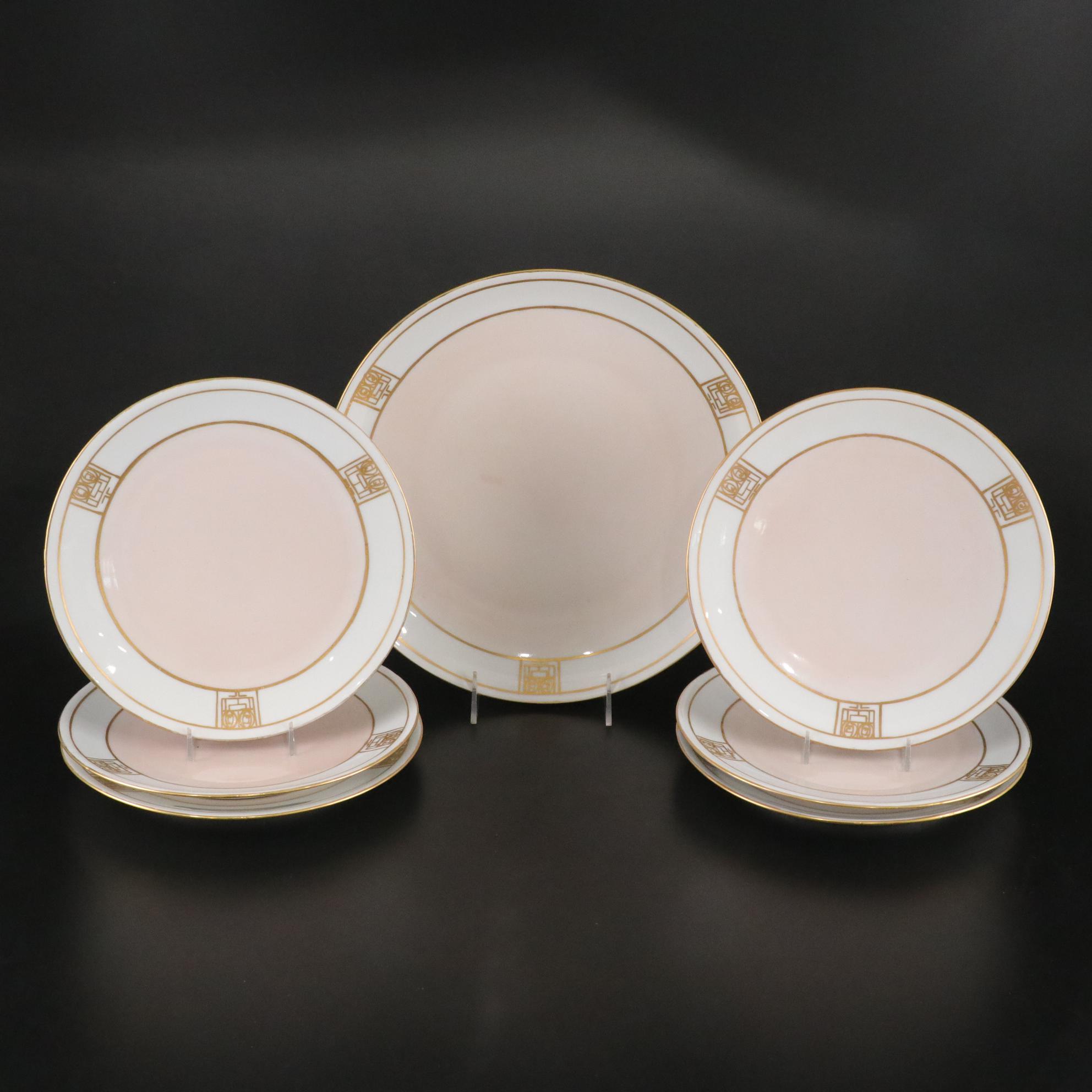 Bavarian Hand Decorated Petal Pink and Gold Art Nouveau Dinner Plates & Platter
