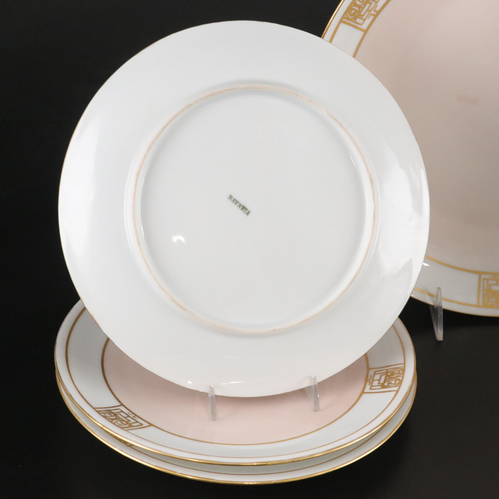 Bavarian Hand Decorated Petal Pink and Gold Art Nouveau Dinner Plates & Platter