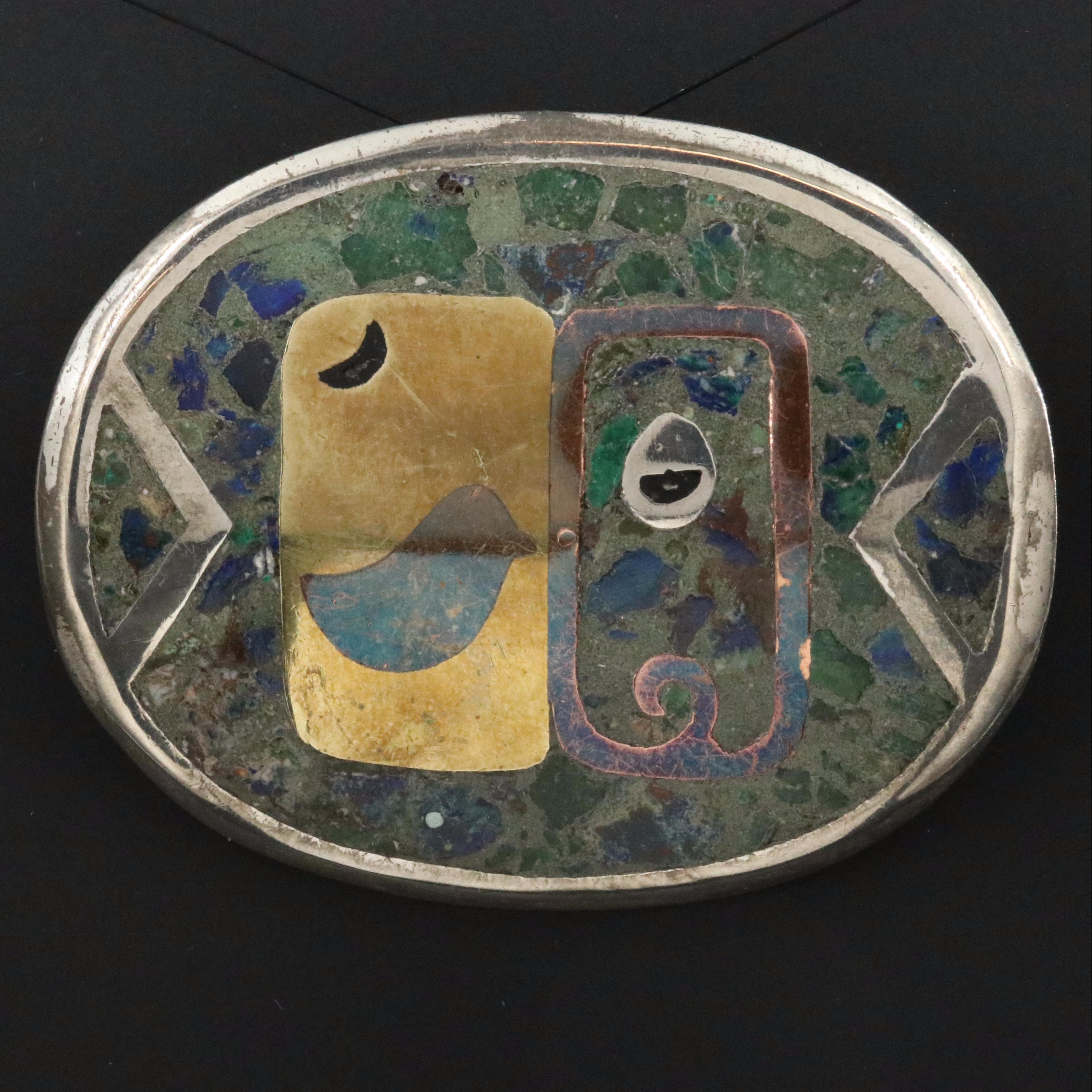 Mexican Sterling and Stone Inlay Converter Brooch