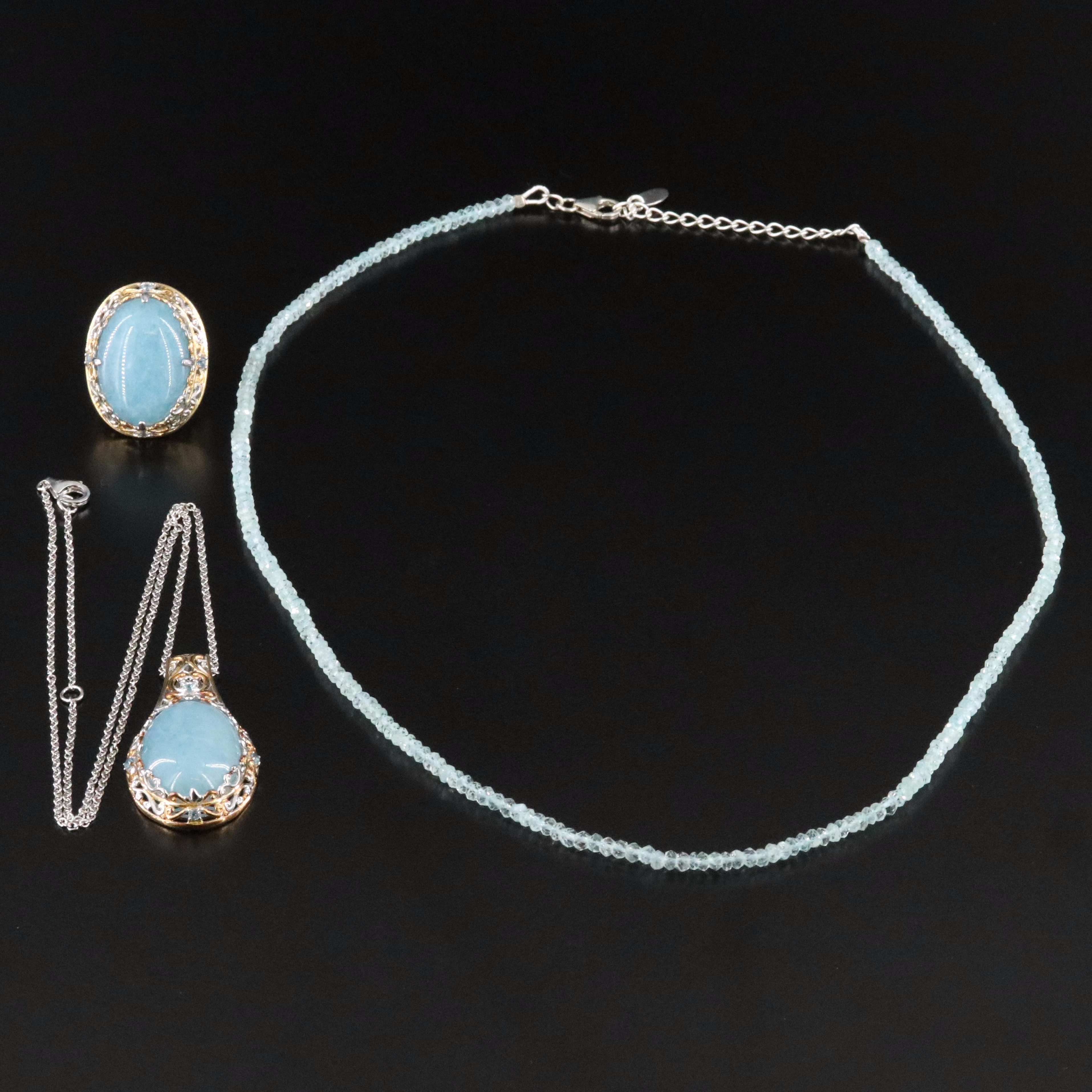 Sterling Aquamarine, Quartzite and Topaz Necklace and Ring