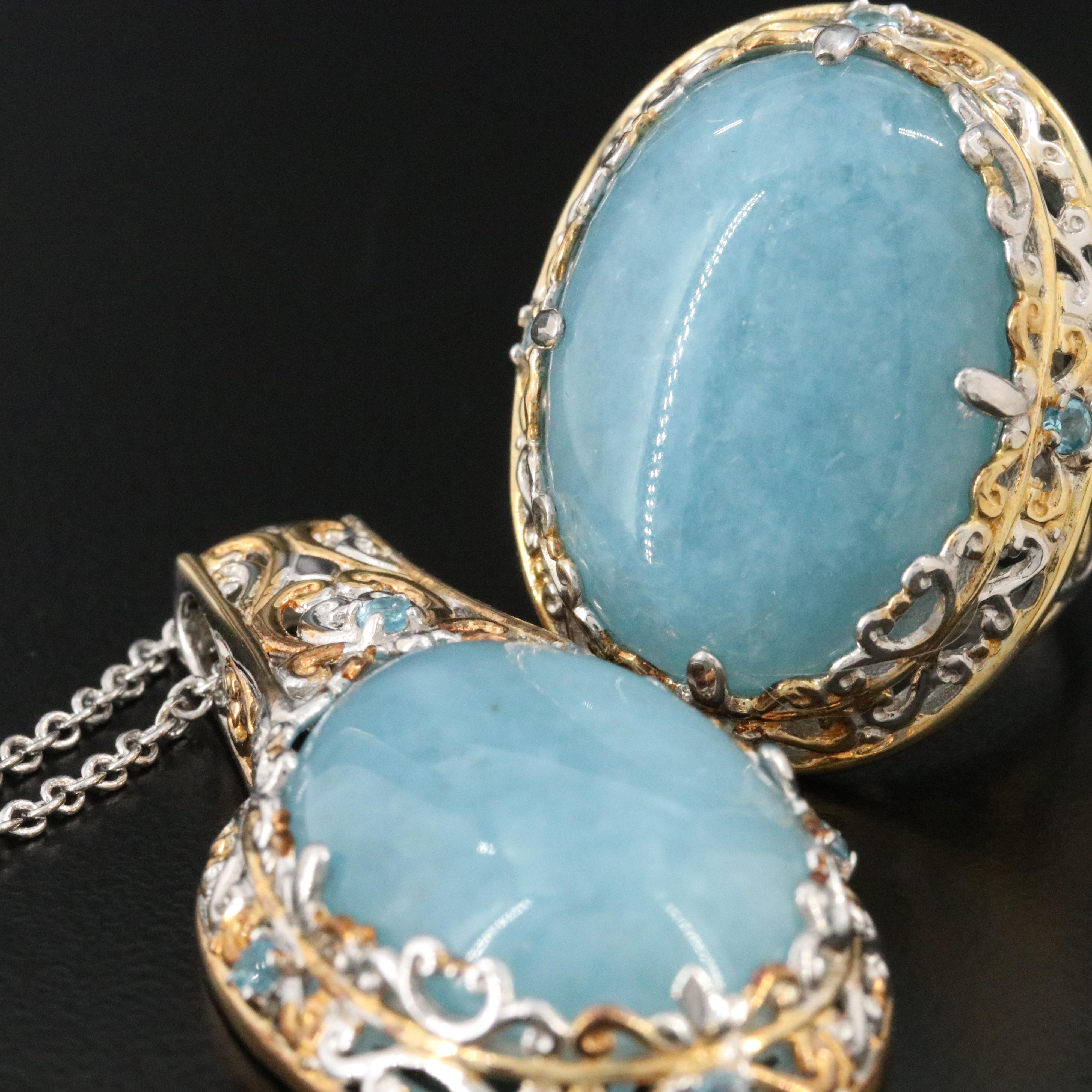 Sterling Aquamarine, Quartzite and Topaz Necklace and Ring