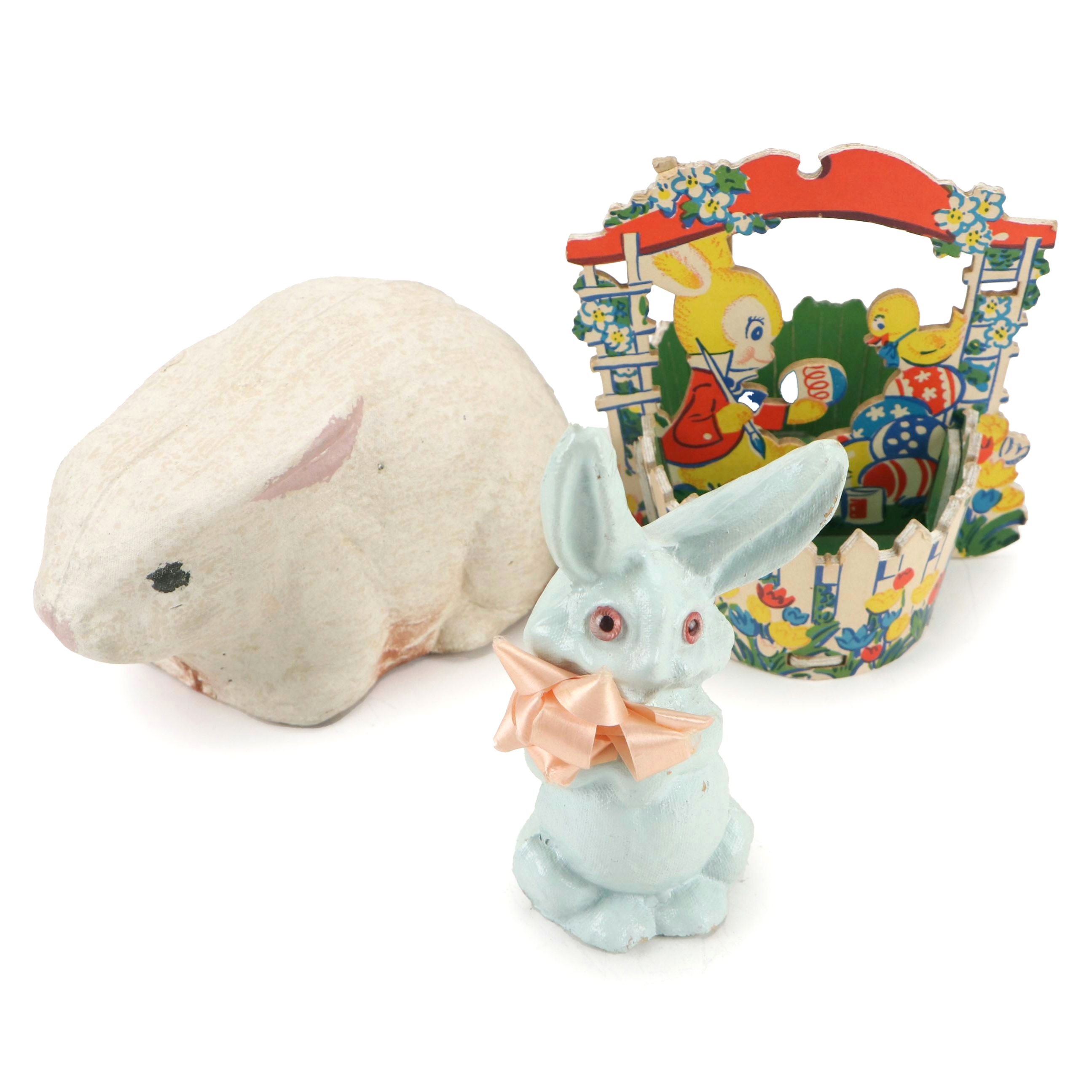 Rabbit Figurines with Other Easter Basket, Mid to Late 20th Century