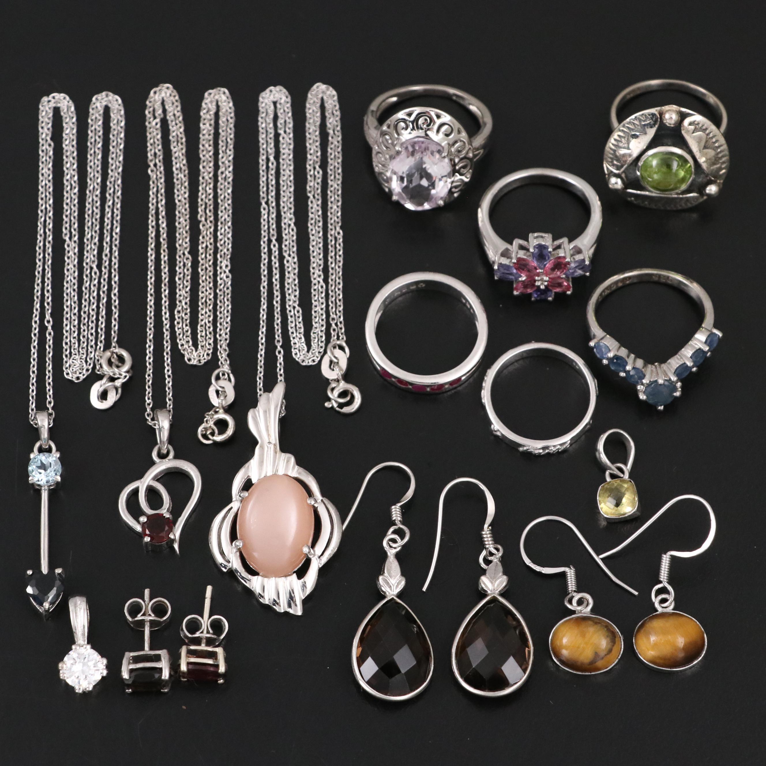 14 Assorted Sterling Silver Rings, Necklaces, Earrings, and Pendants