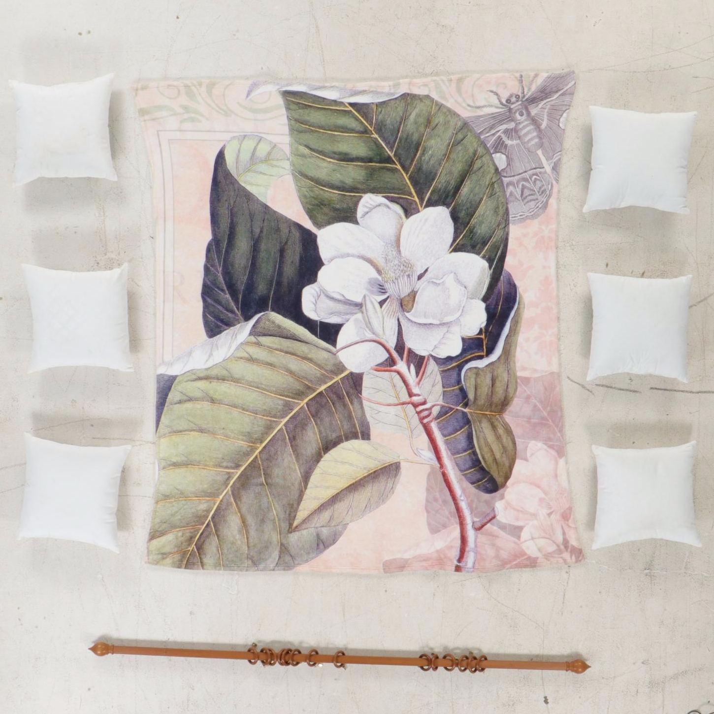 White Magnolia Blanket with Hanging Rod and Matching Pillows