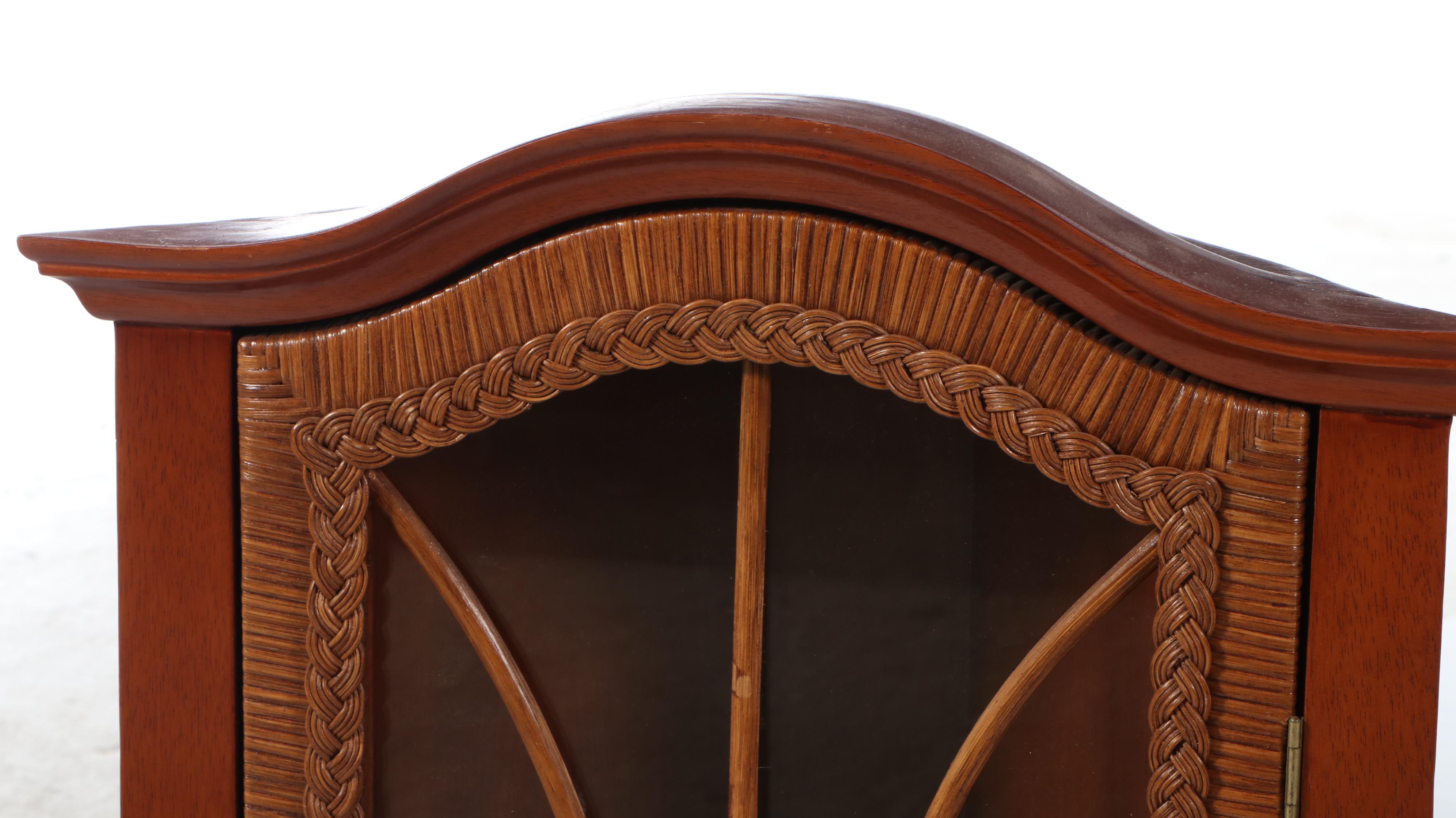 Wicker and Mahogany Stained Wood Corner Wall Cabinet
