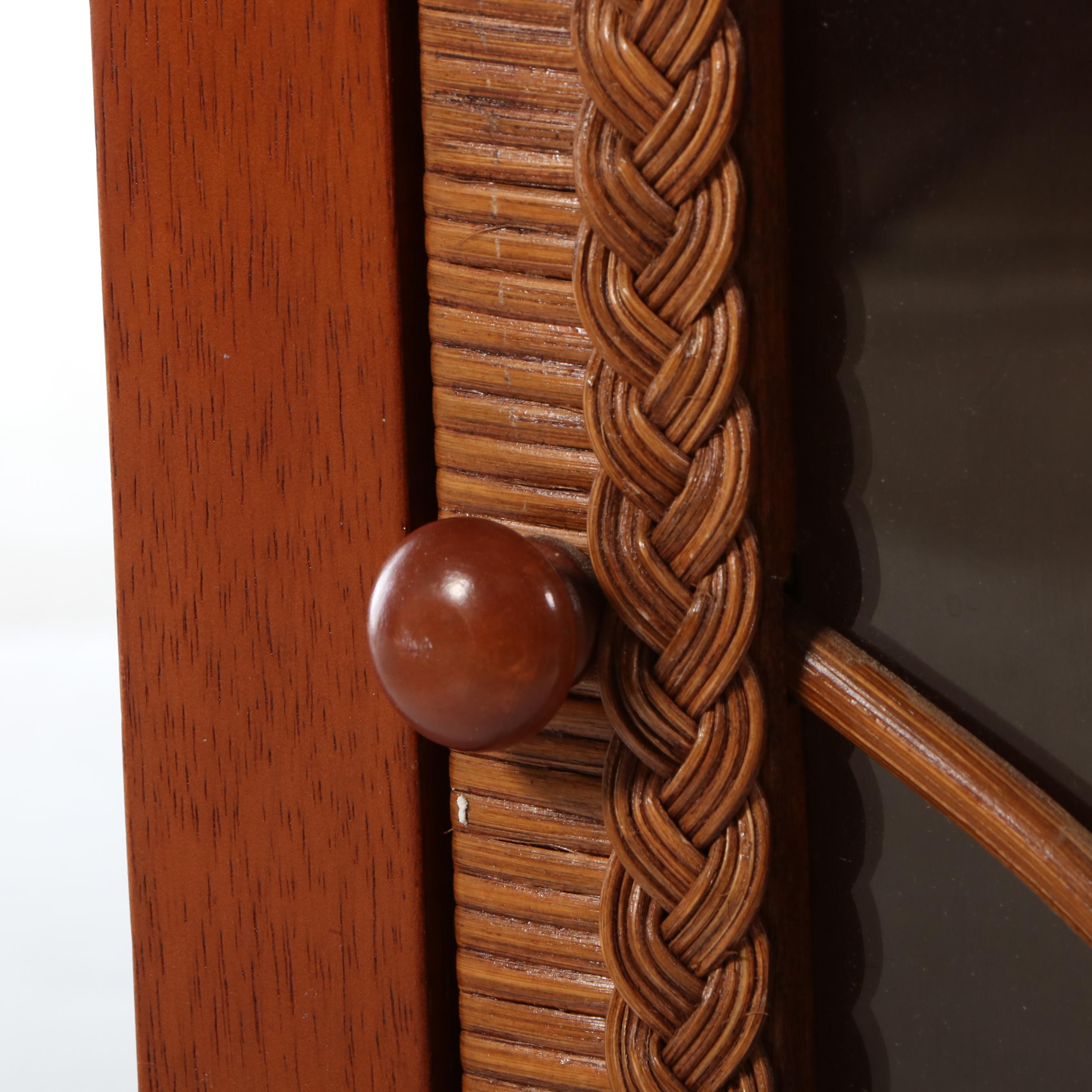 Wicker and Mahogany Stained Wood Corner Wall Cabinet