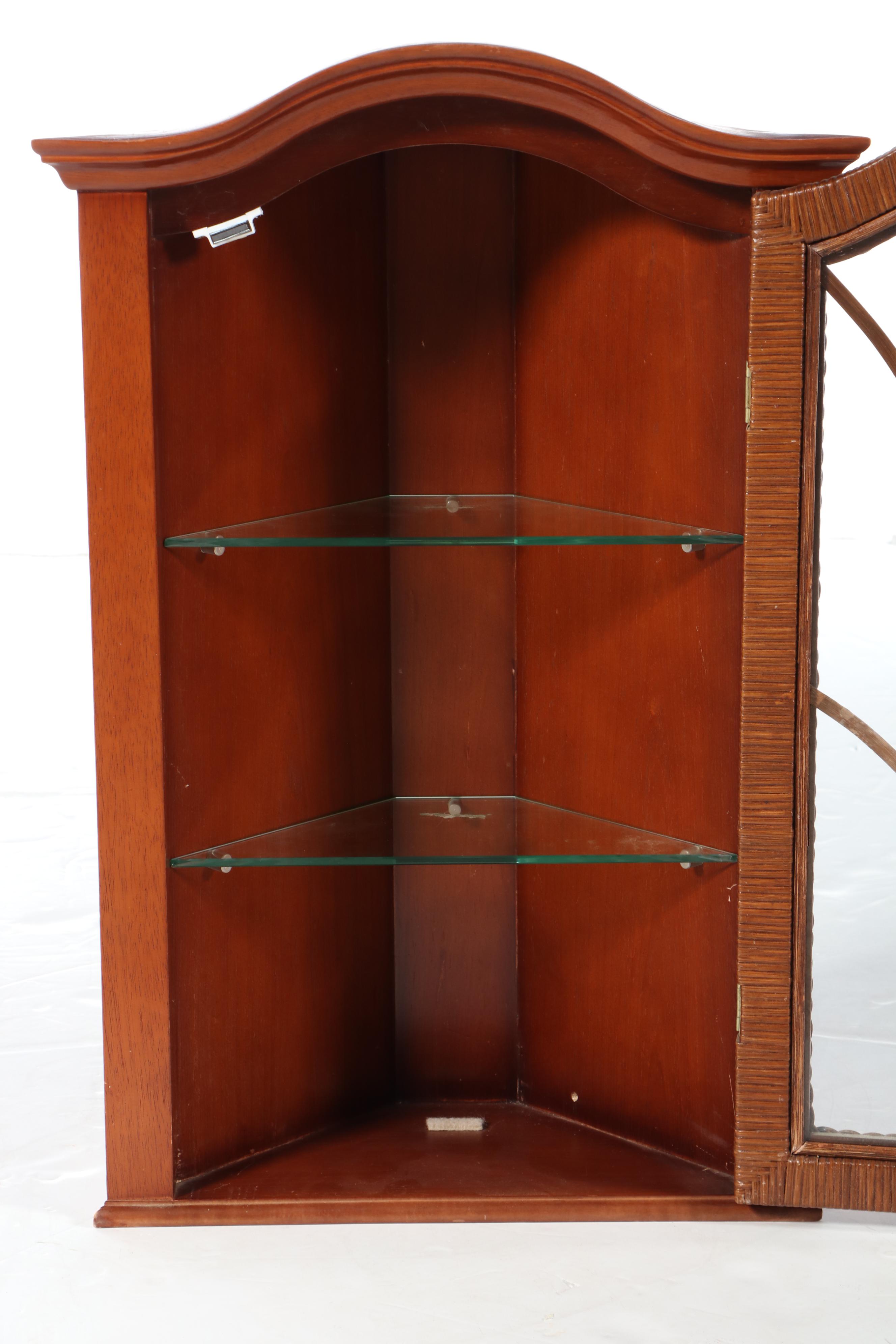 Wicker and Mahogany Stained Wood Corner Wall Cabinet