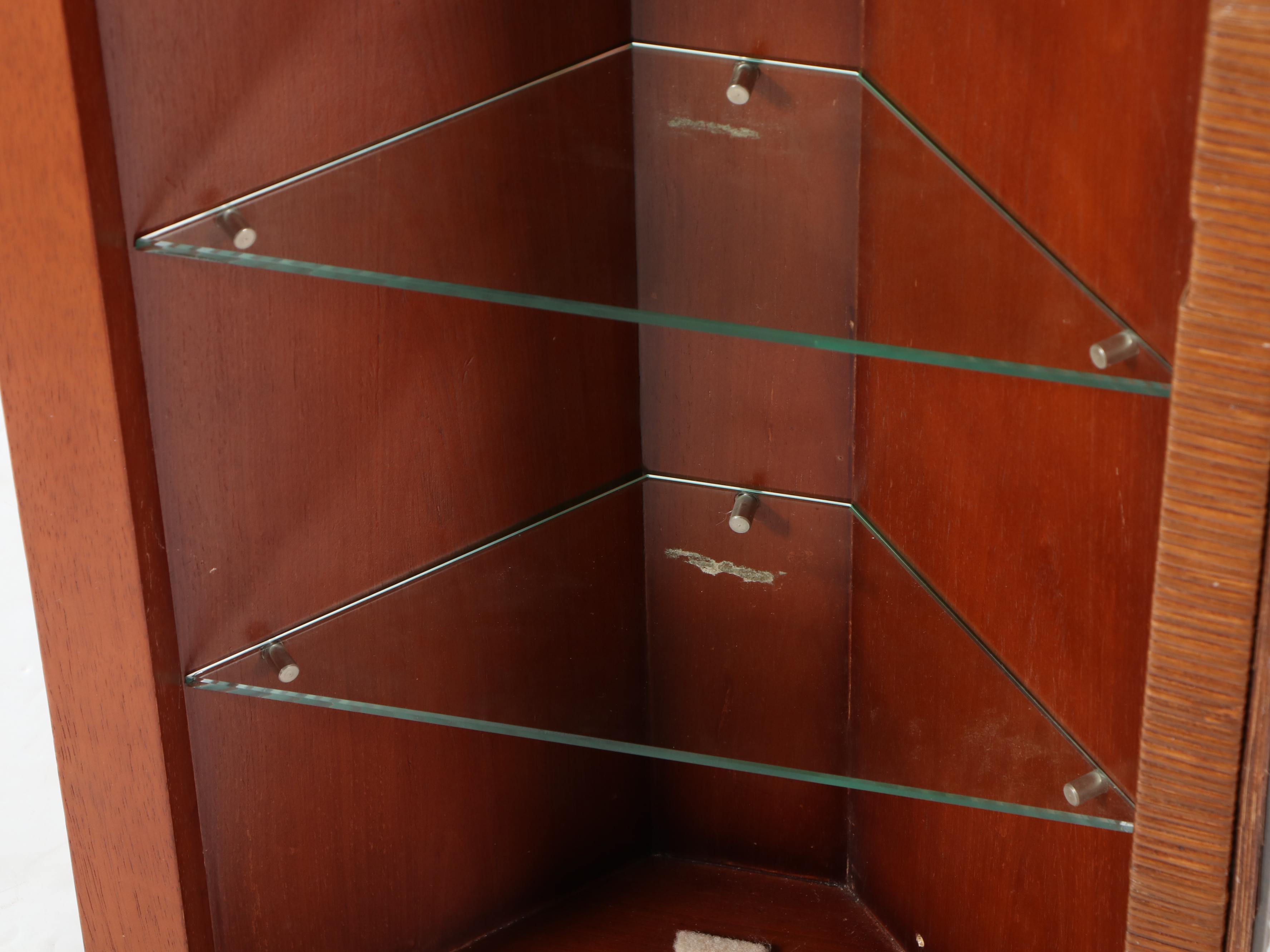 Wicker and Mahogany Stained Wood Corner Wall Cabinet