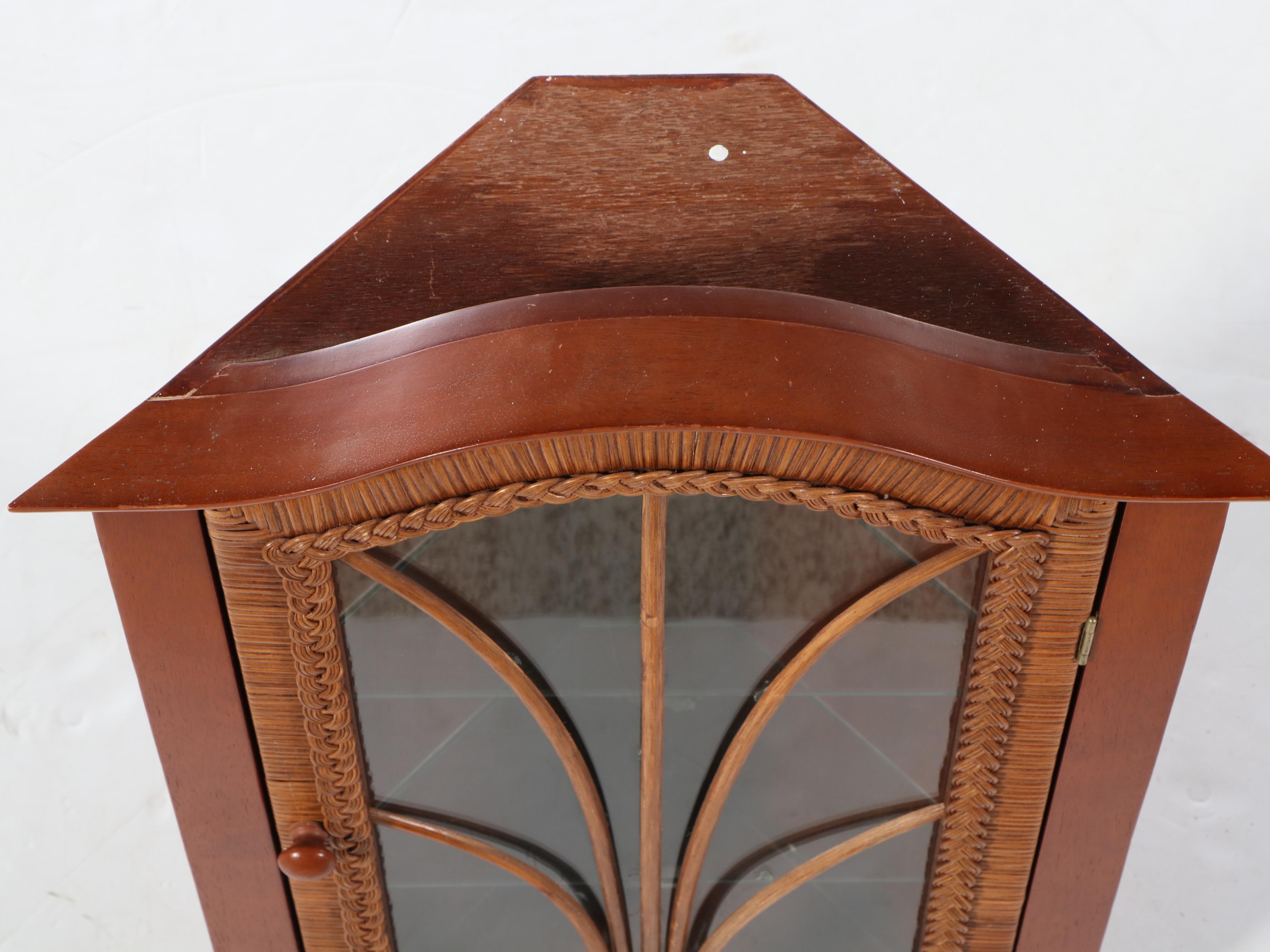 Wicker and Mahogany Stained Wood Corner Wall Cabinet