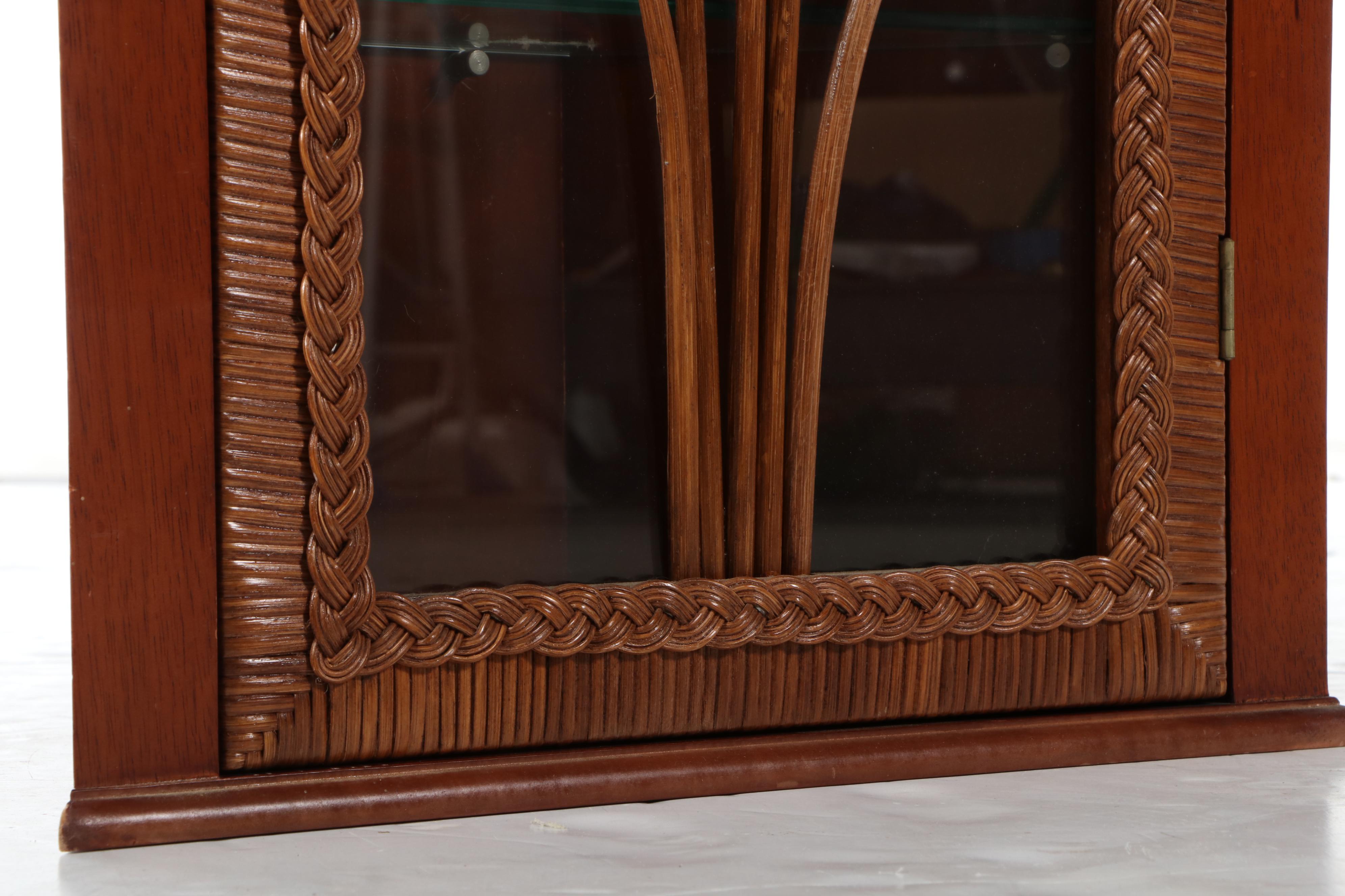 Wicker and Mahogany Stained Wood Corner Wall Cabinet