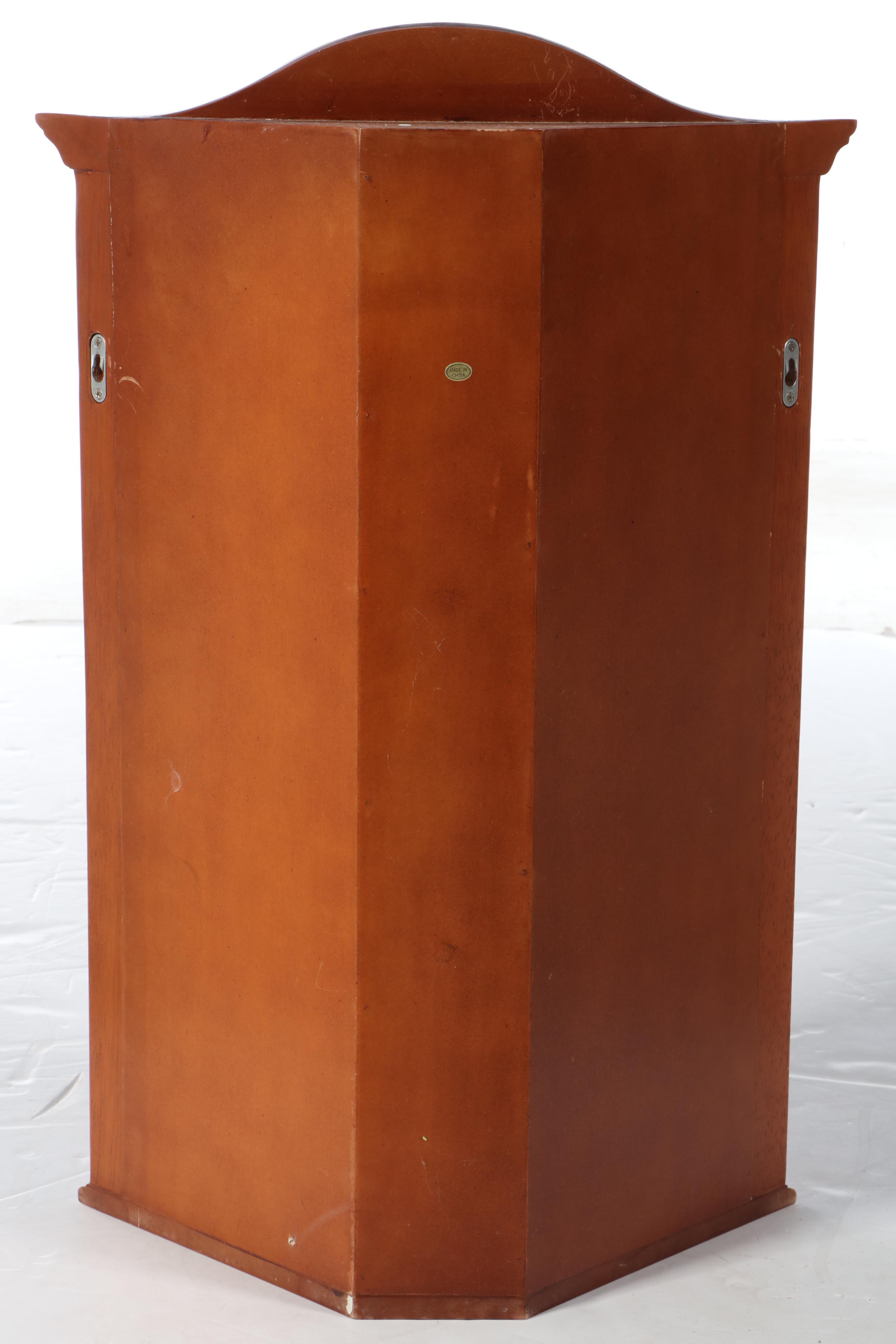 Wicker and Mahogany Stained Wood Corner Wall Cabinet