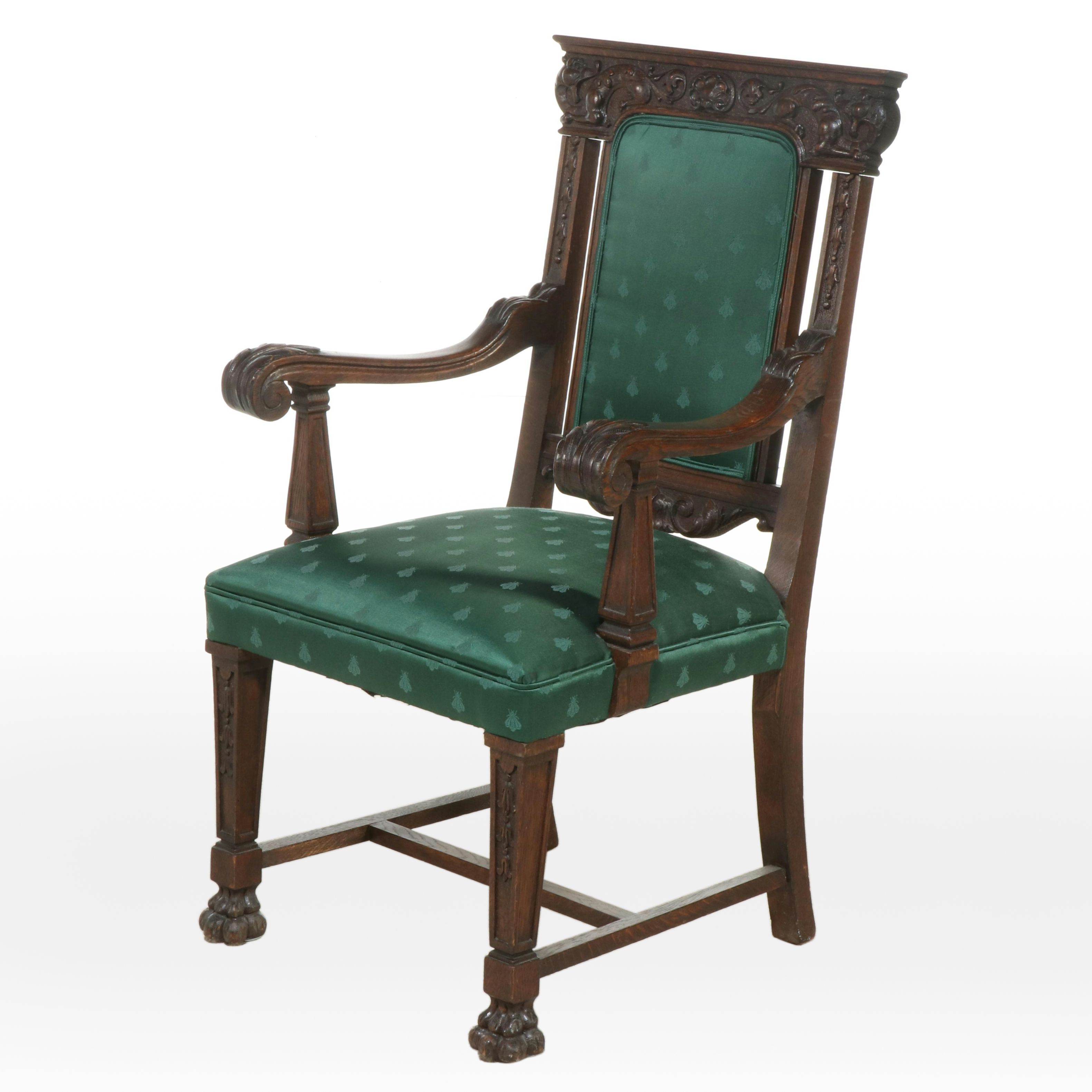 Victorian Renaissance Revival Carved Oak Library Chair, 19th Century