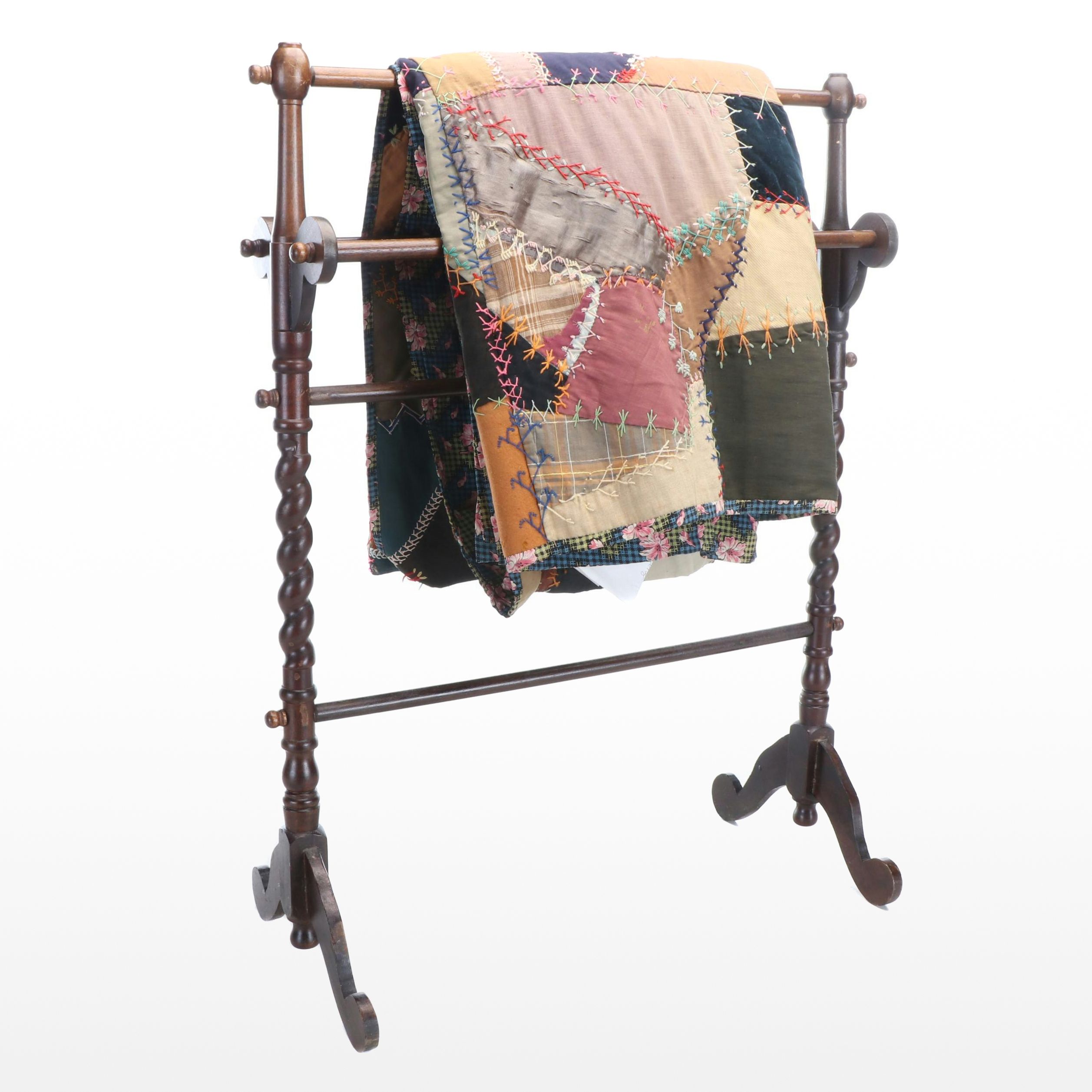 Barley Twist Wood Quilt Rack with Handmade Pieced Cotton Quilt