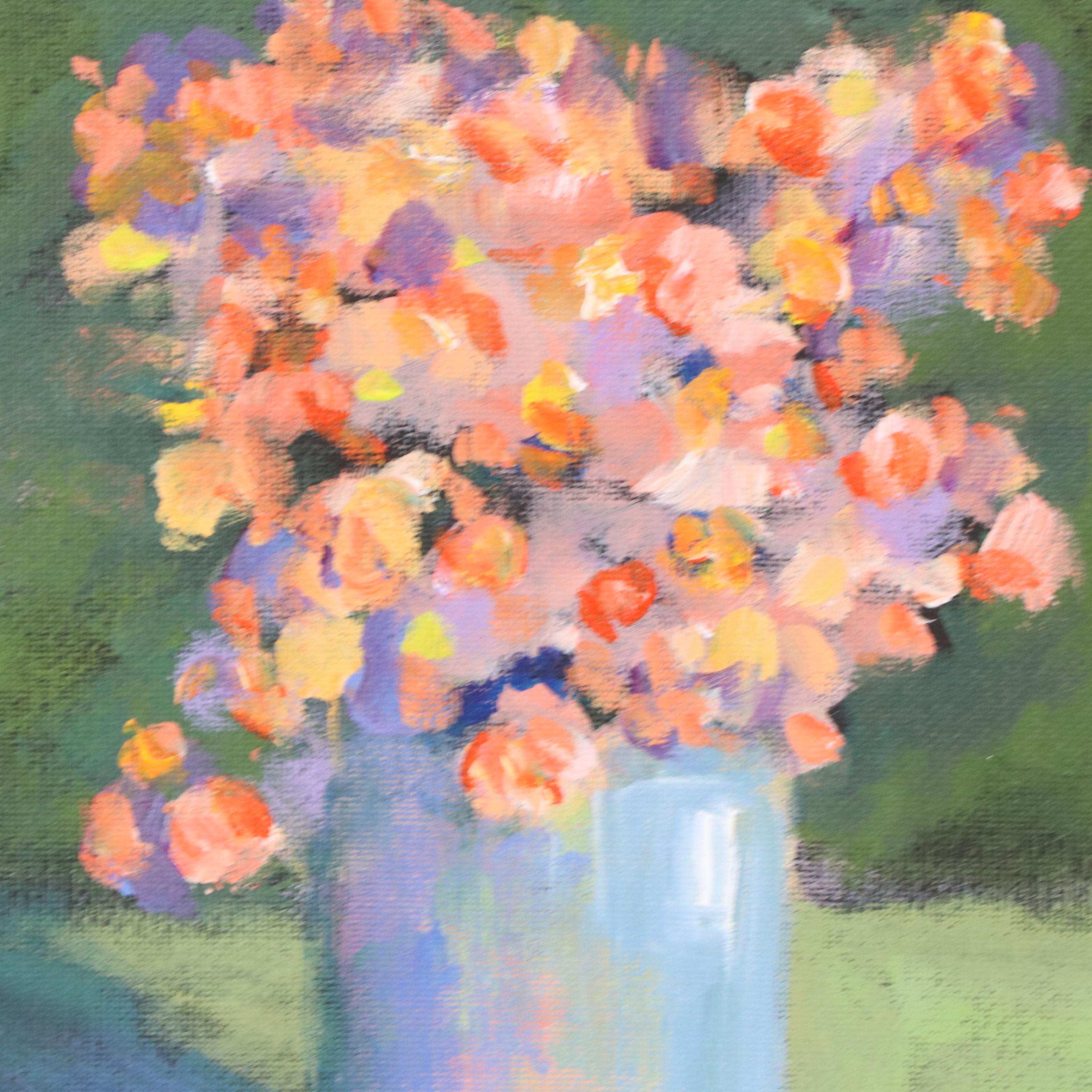 Elle Raines Stylized Floral Still Life Acrylic Painting, 21st Century