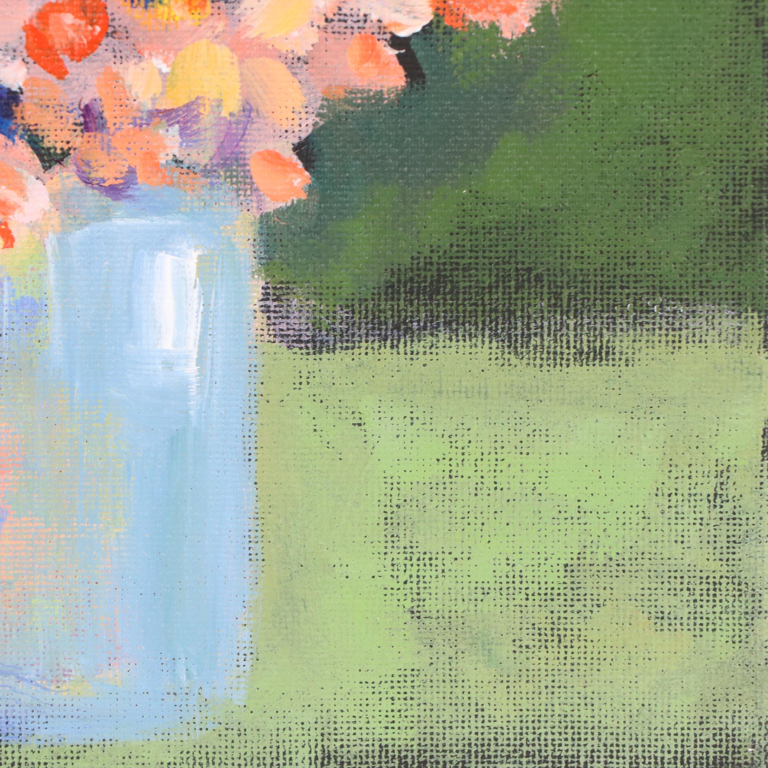 Elle Raines Stylized Floral Still Life Acrylic Painting, 21st Century