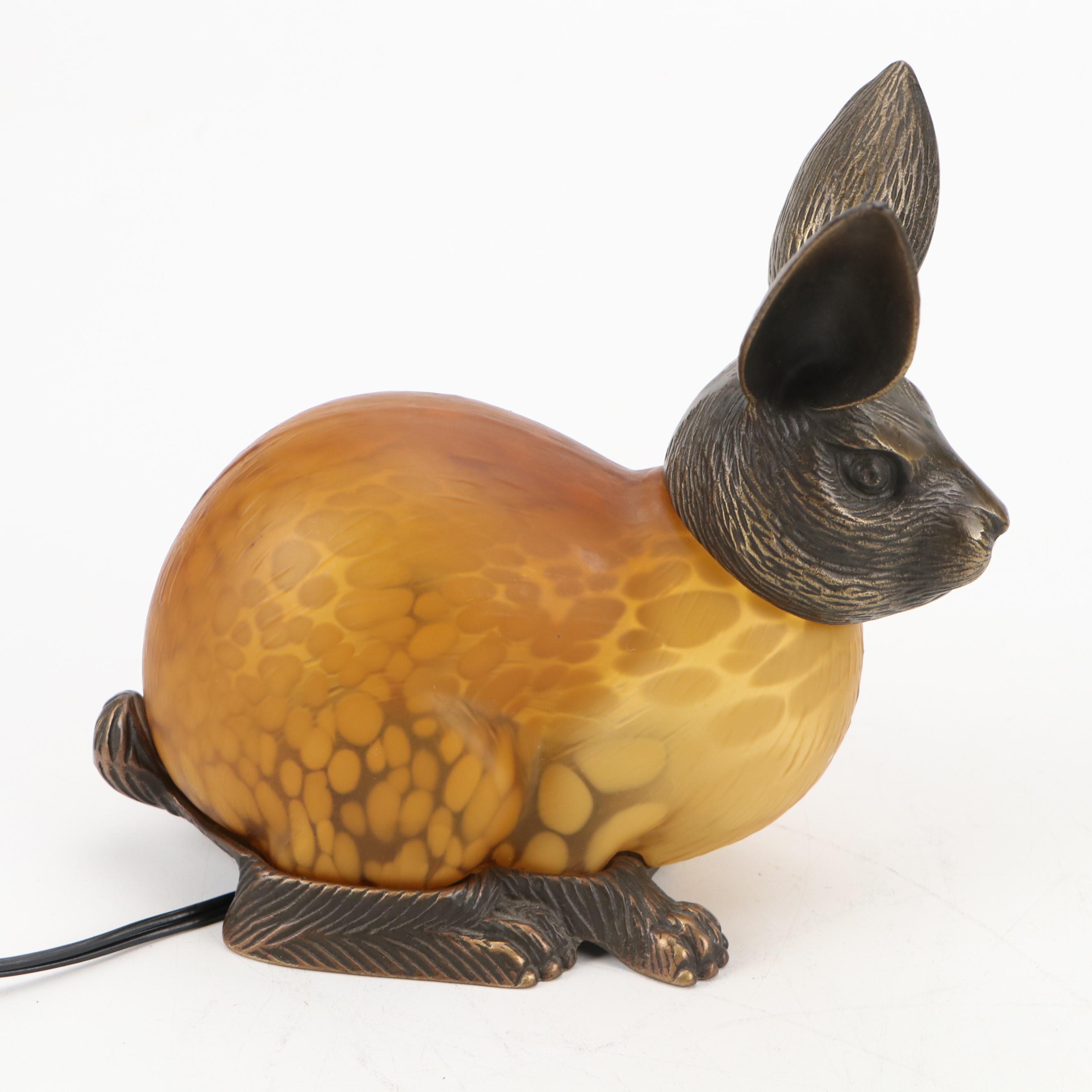 Tinchi Brass and Glass Rabbit Night Lamp, Late 20th Century