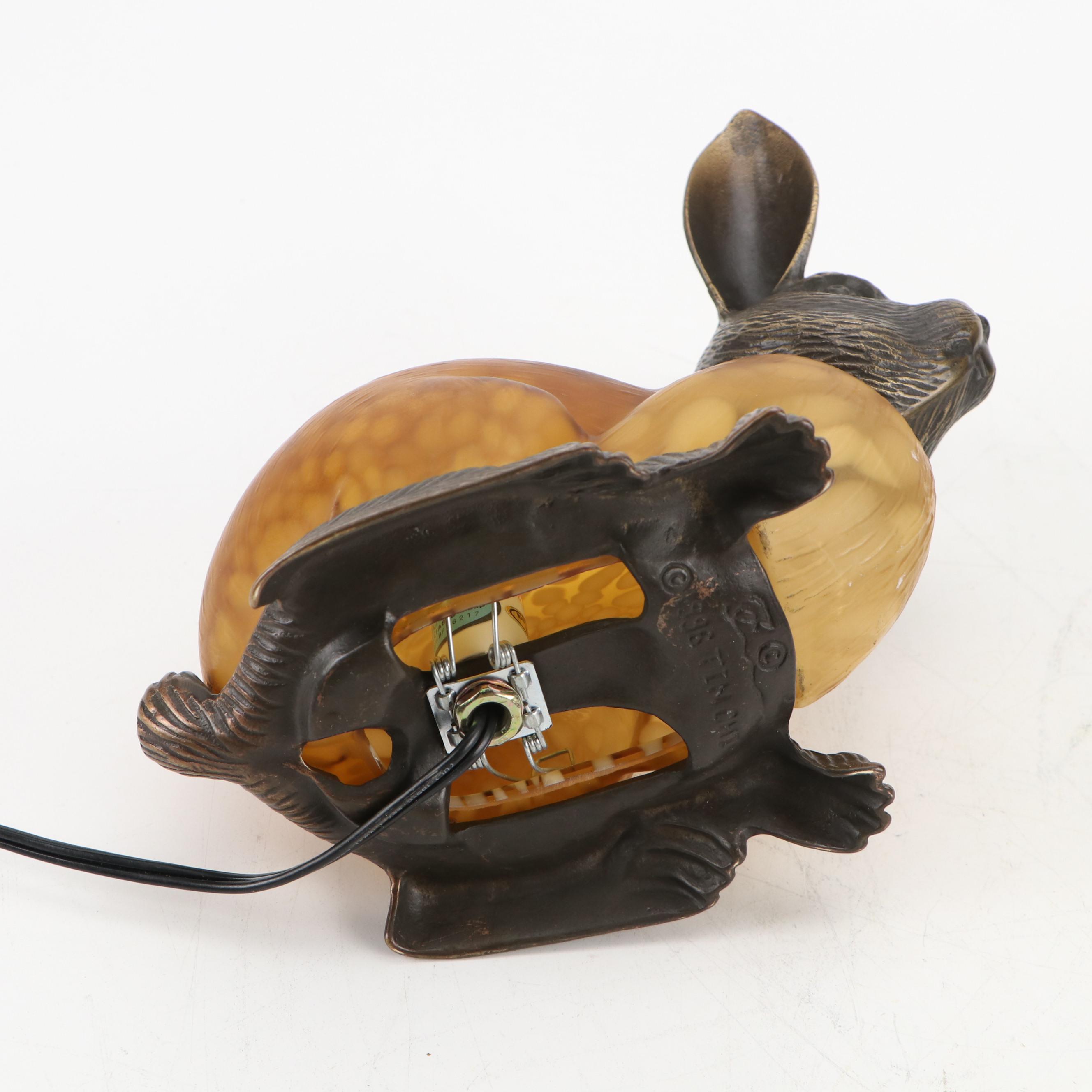 Tinchi Brass and Glass Rabbit Night Lamp, Late 20th Century