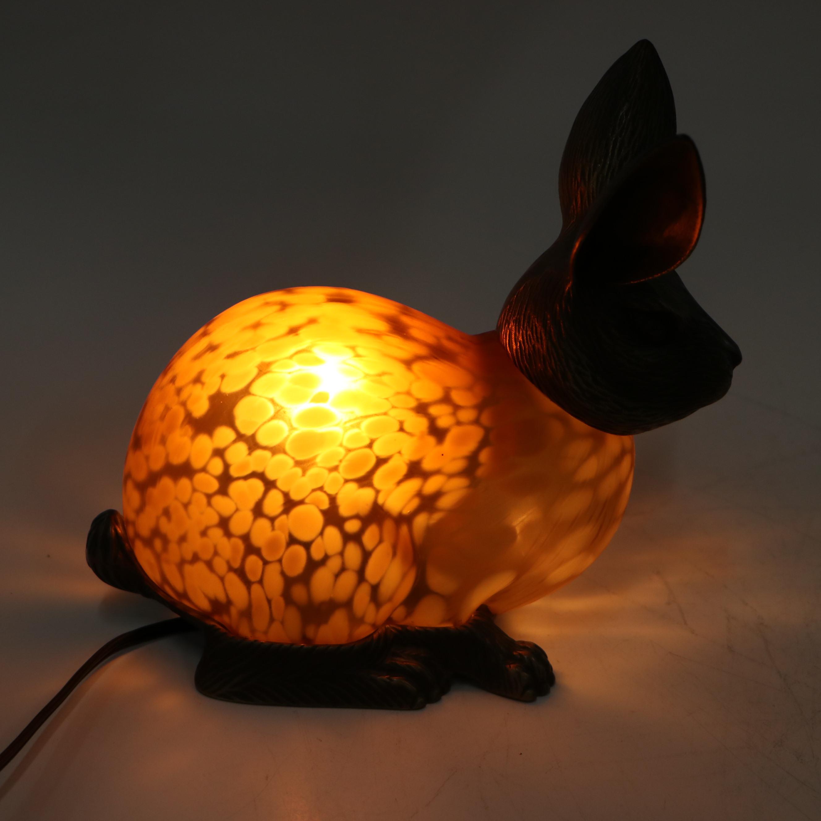 Tinchi Brass and Glass Rabbit Night Lamp, Late 20th Century