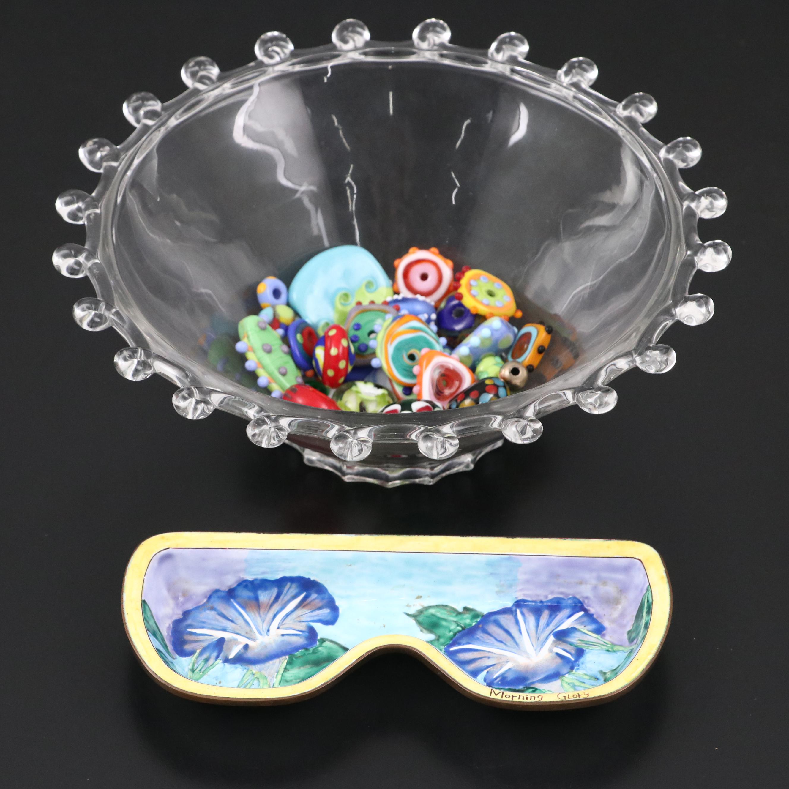 Heisey Lariat Glass Bowl with Art Glass Beads and Kelvin Chen Dish