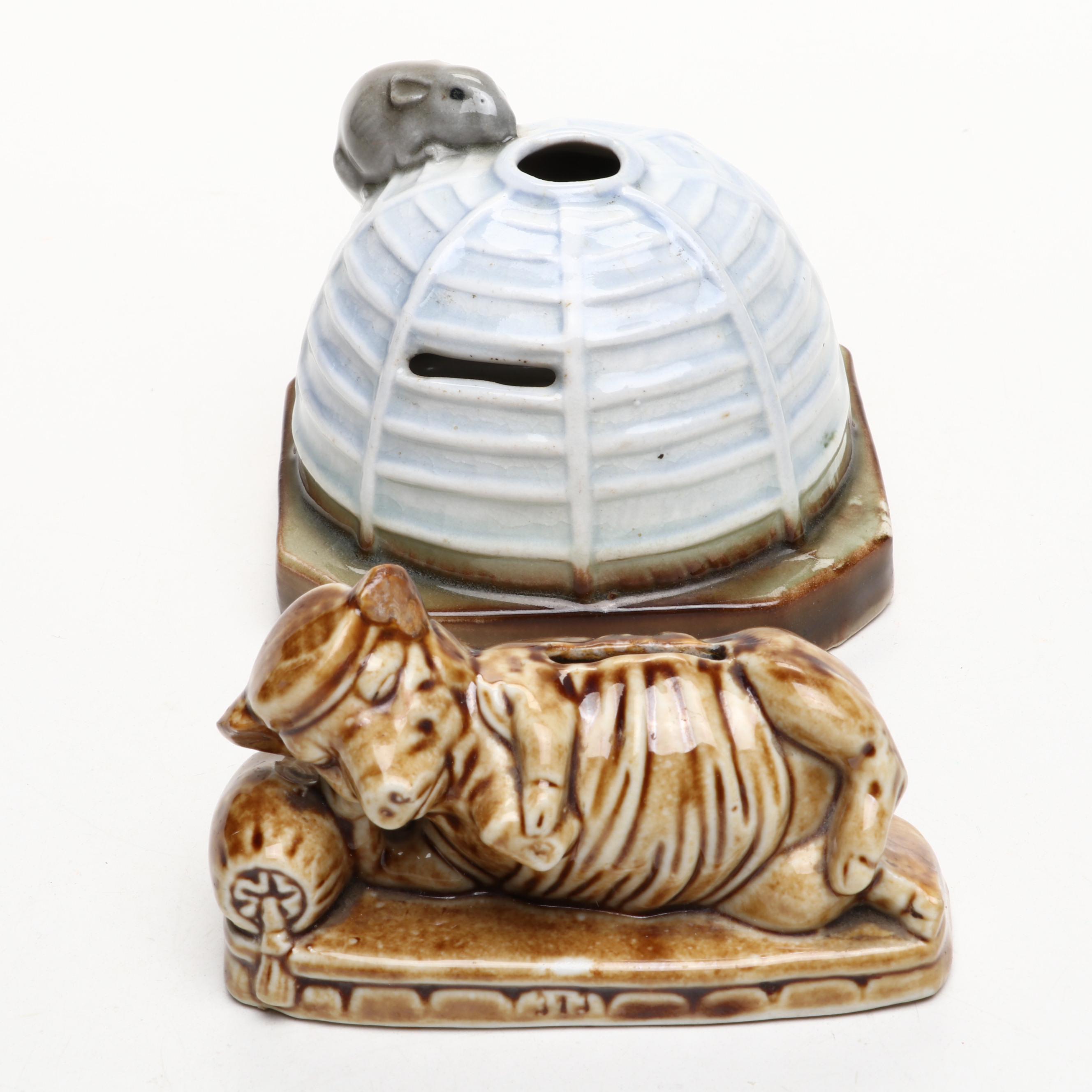 Austrian Ceramic Mouse with Pig Banks, Early 20th Century