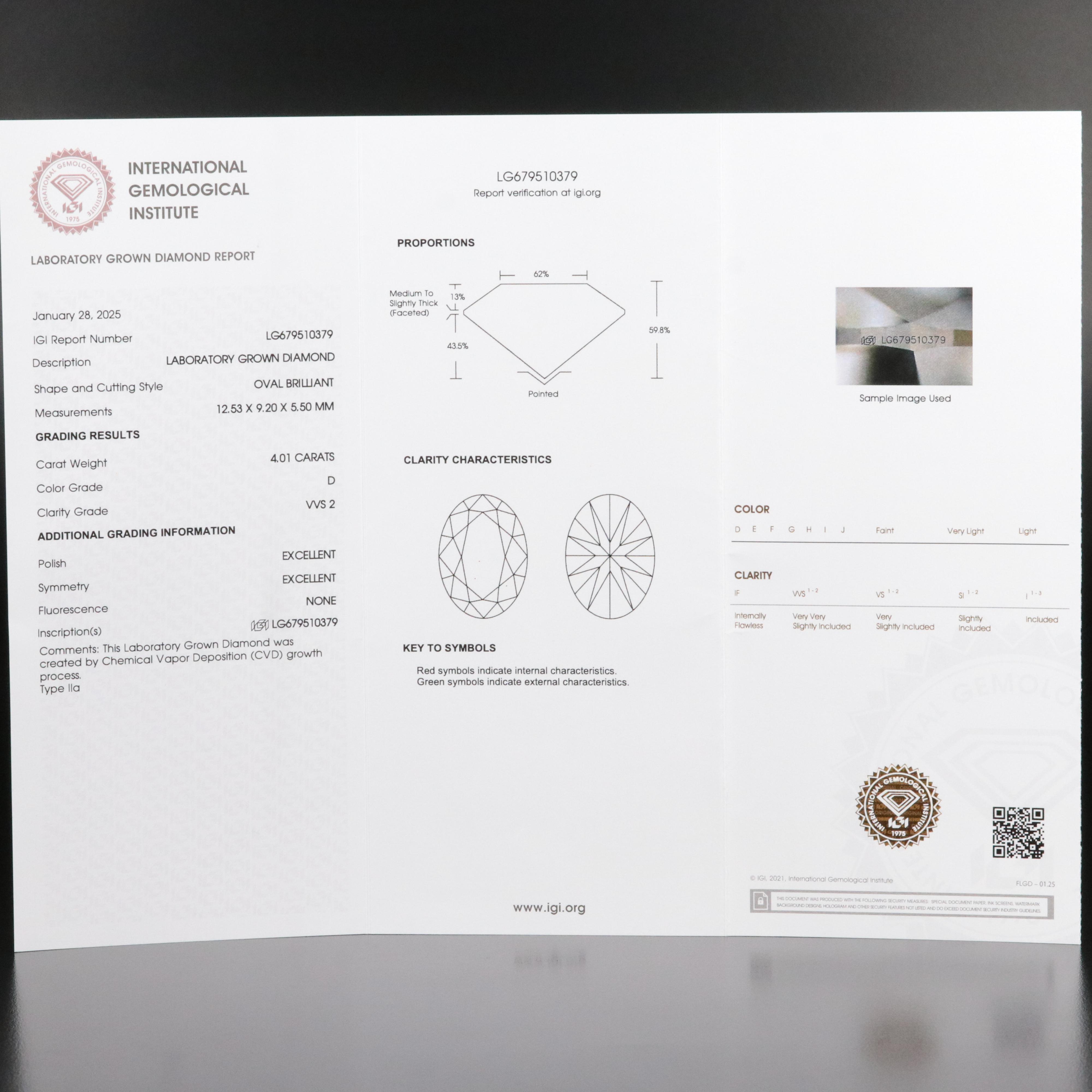 Loose 4.01 CT Lab Grown Diamond with IGI Report