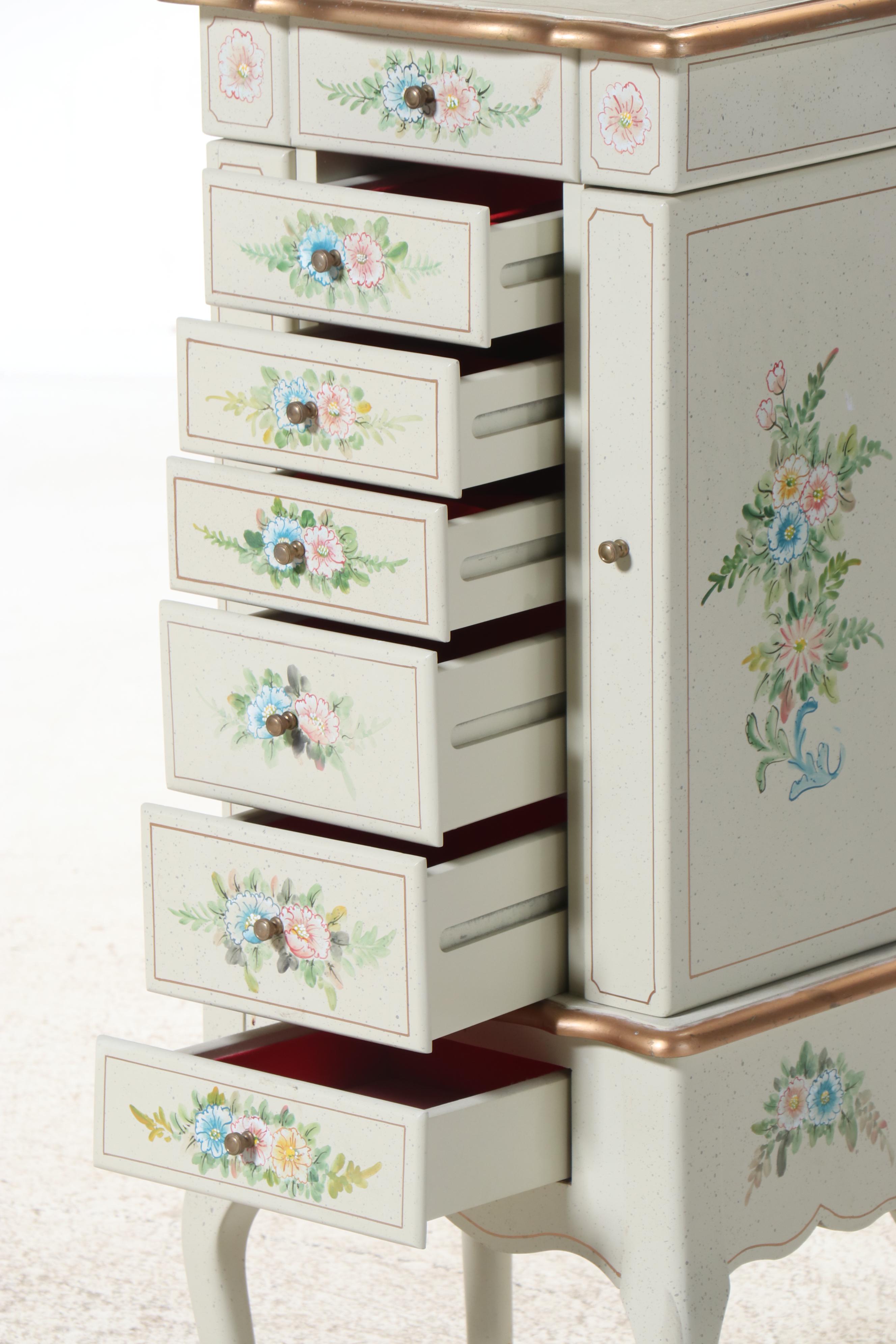 Queen Anne Style Paint-Decorated Wood Jewelry Armoire