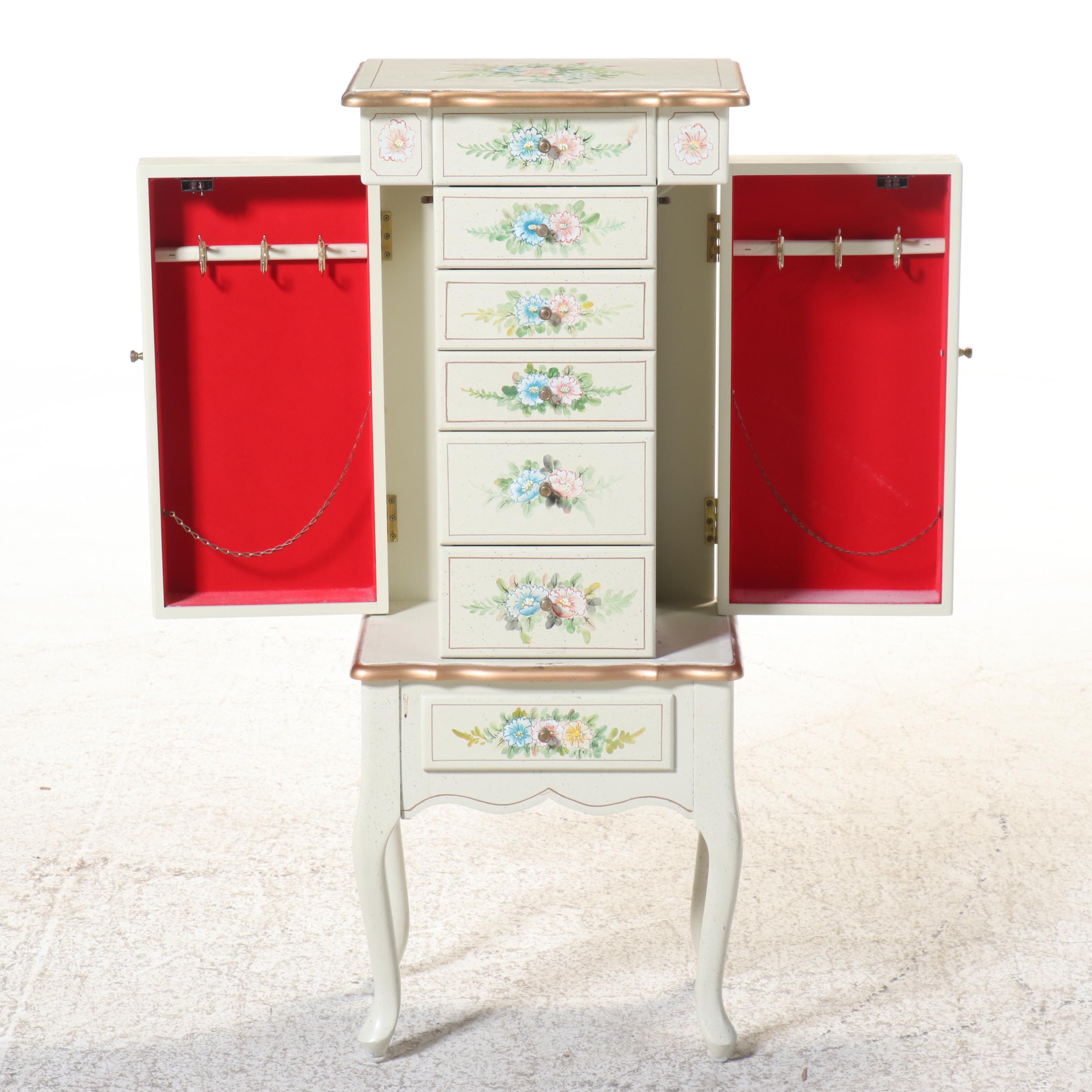 Queen Anne Style Paint-Decorated Wood Jewelry Armoire