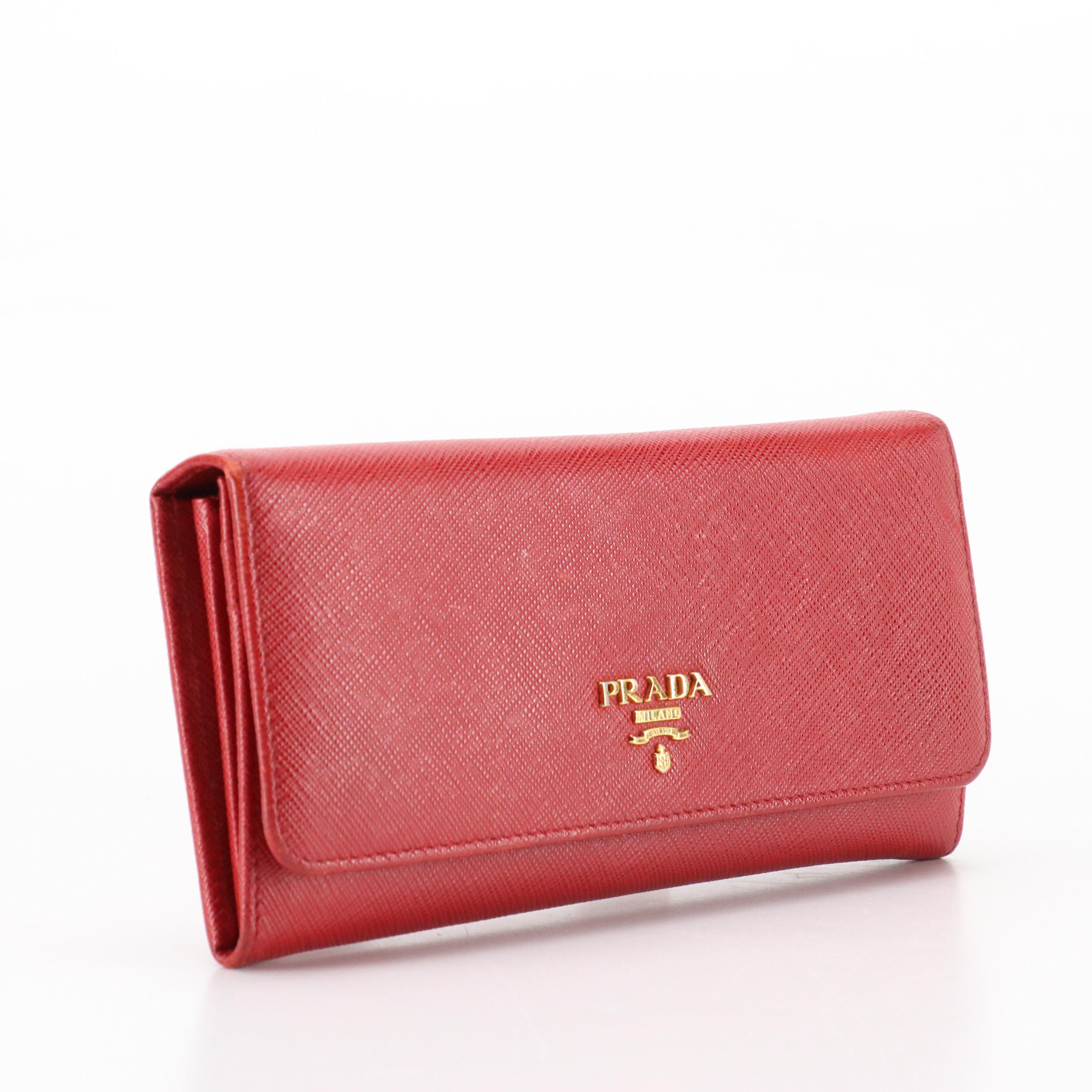 Prada Red Saffiano Leather Front-Flap Continental Wallet in Box
