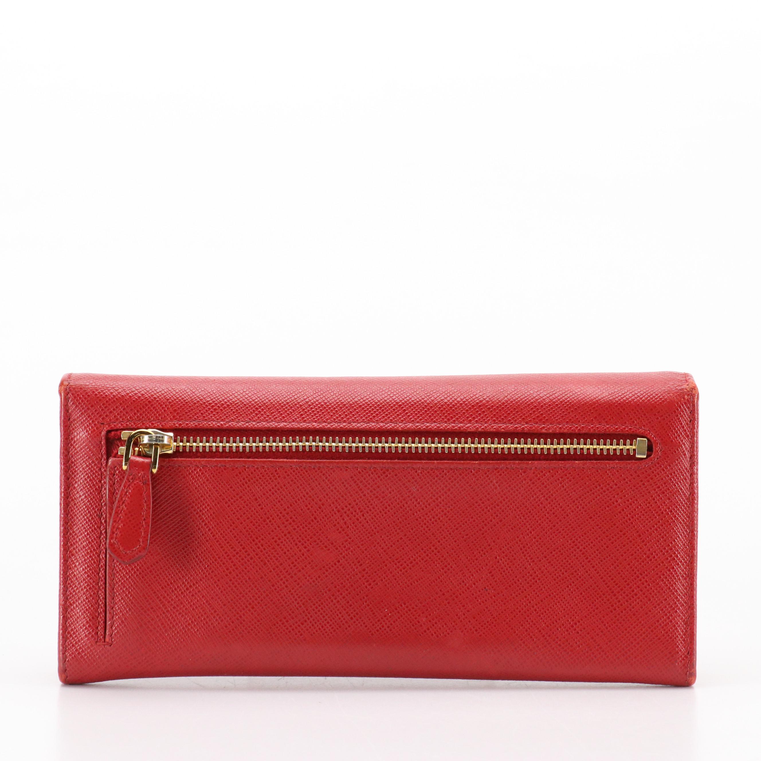 Prada Red Saffiano Leather Front-Flap Continental Wallet in Box