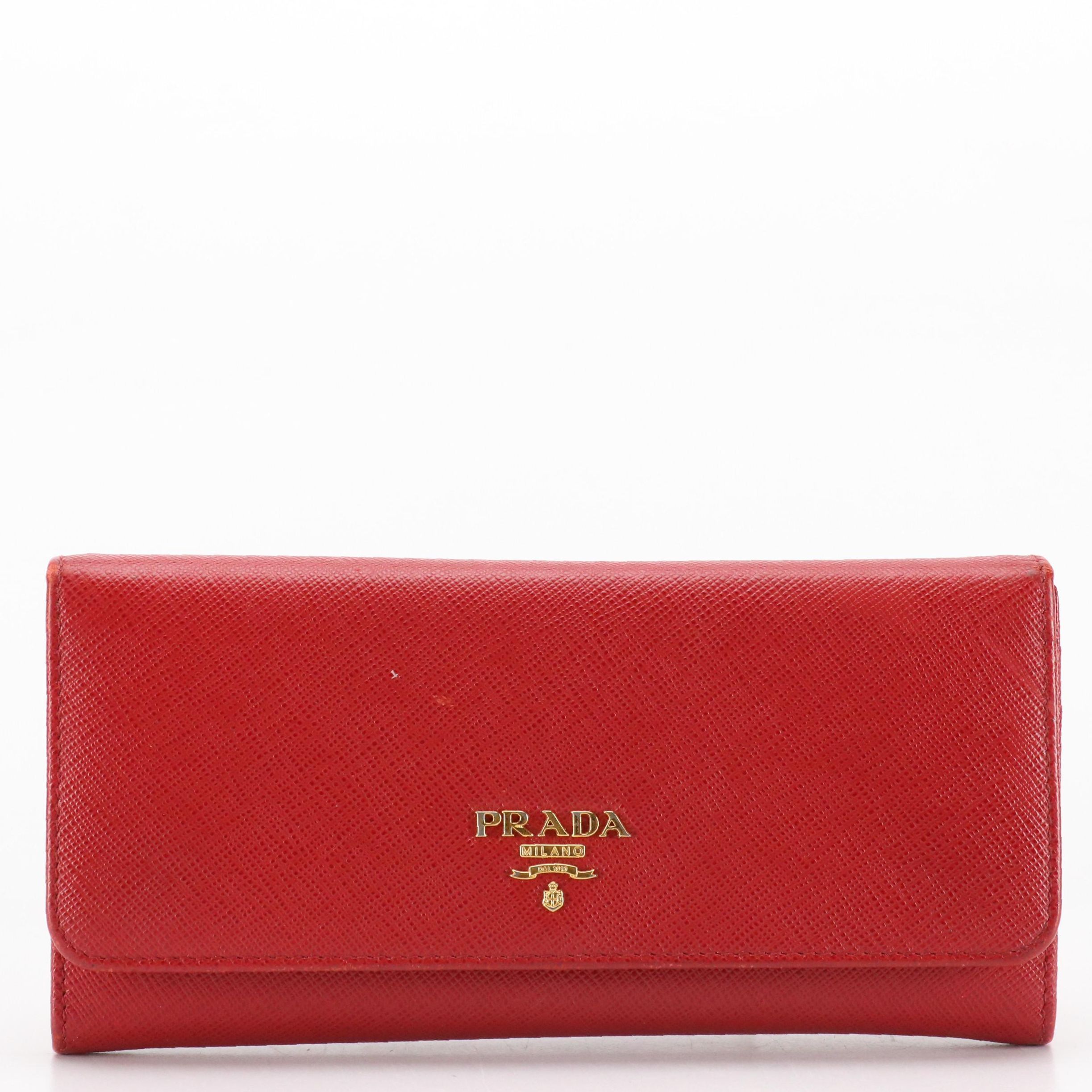 Prada Red Saffiano Leather Front-Flap Continental Wallet in Box