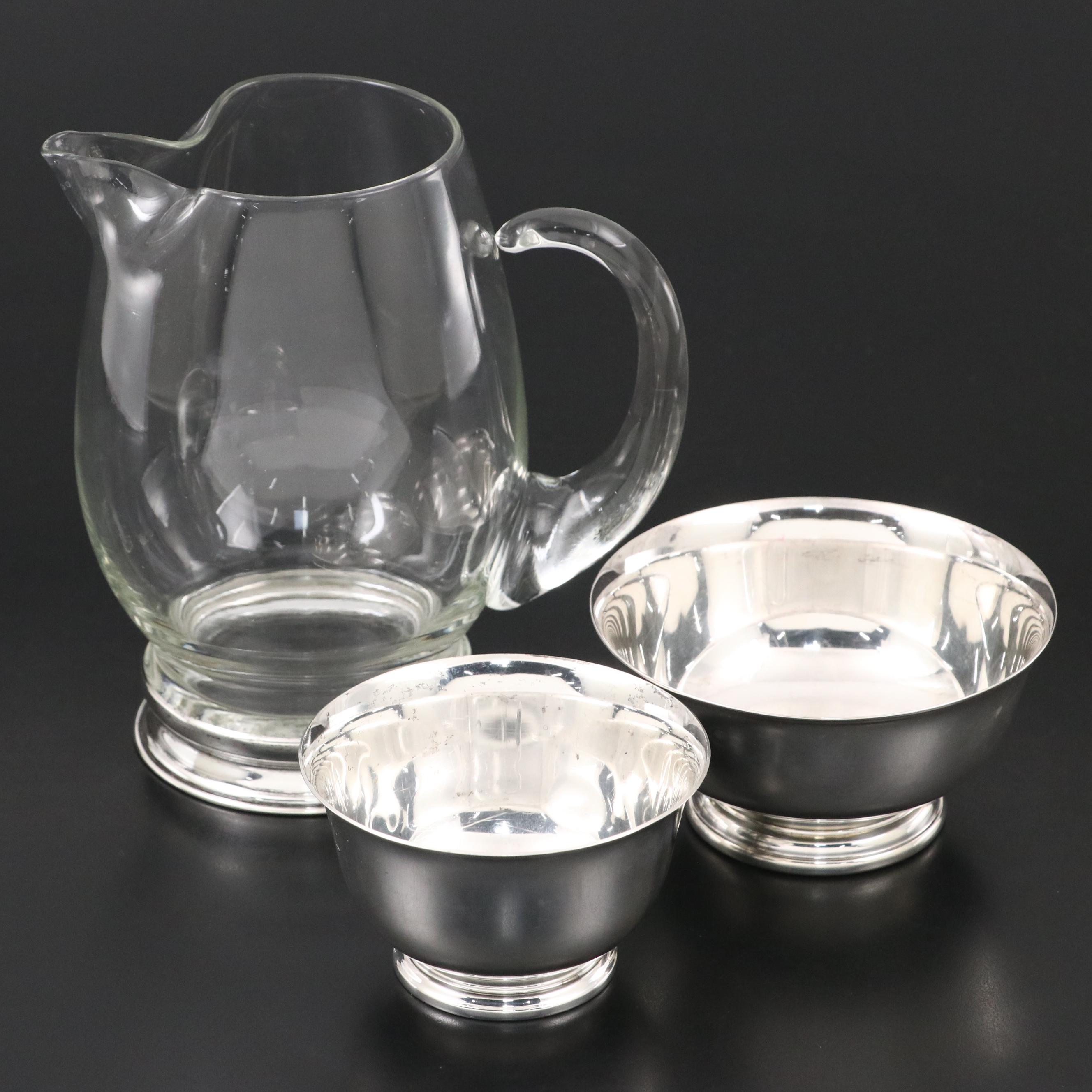 Wallace Sterling and Gorham Silver Plate "Paul Revere" Bowls and Glass Pitcher