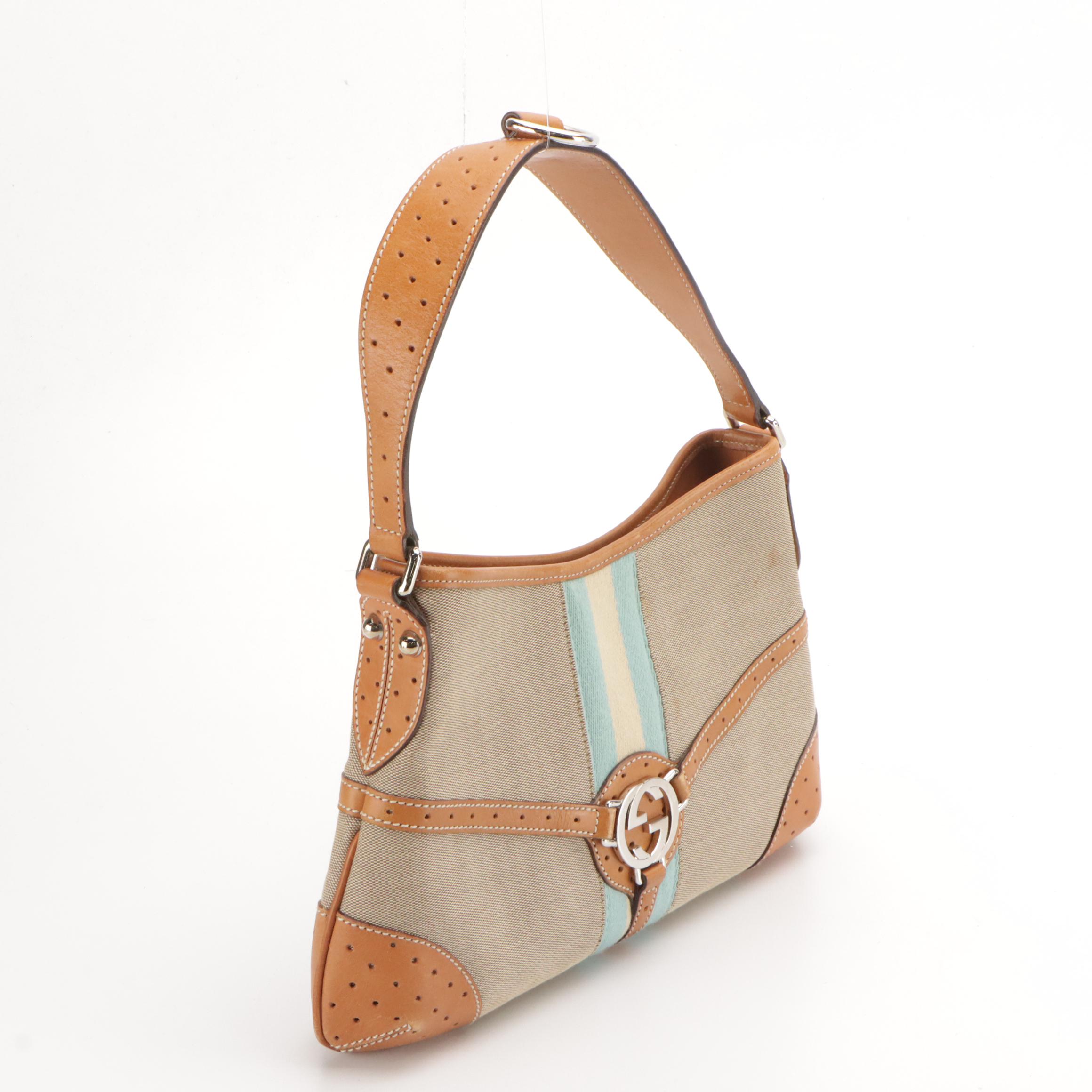 Gucci Reins Hobo Shoulder Bag in Beige Canvas, Blue Web Stripe and Brown Leather