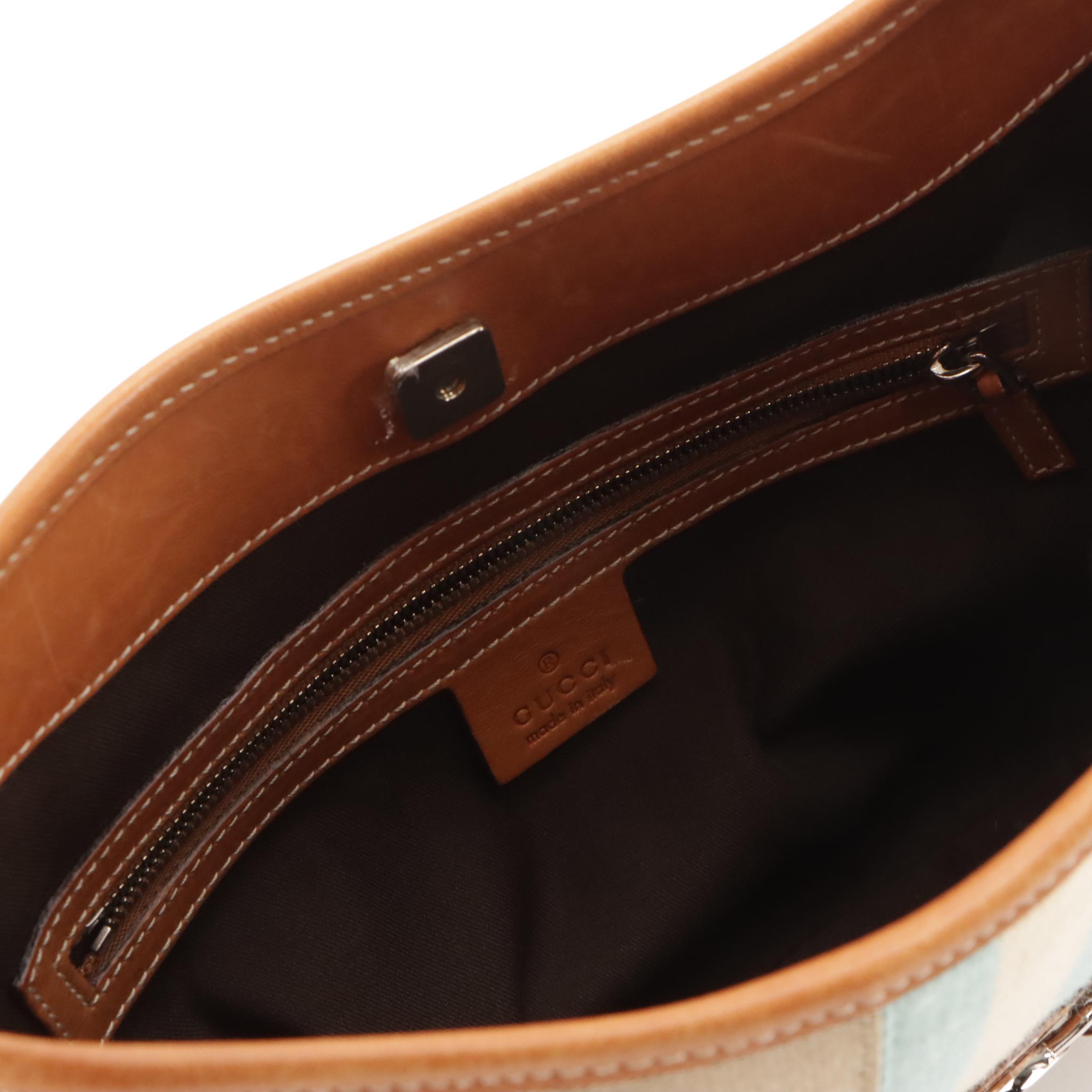 Gucci Reins Hobo Shoulder Bag in Beige Canvas, Blue Web Stripe and Brown Leather