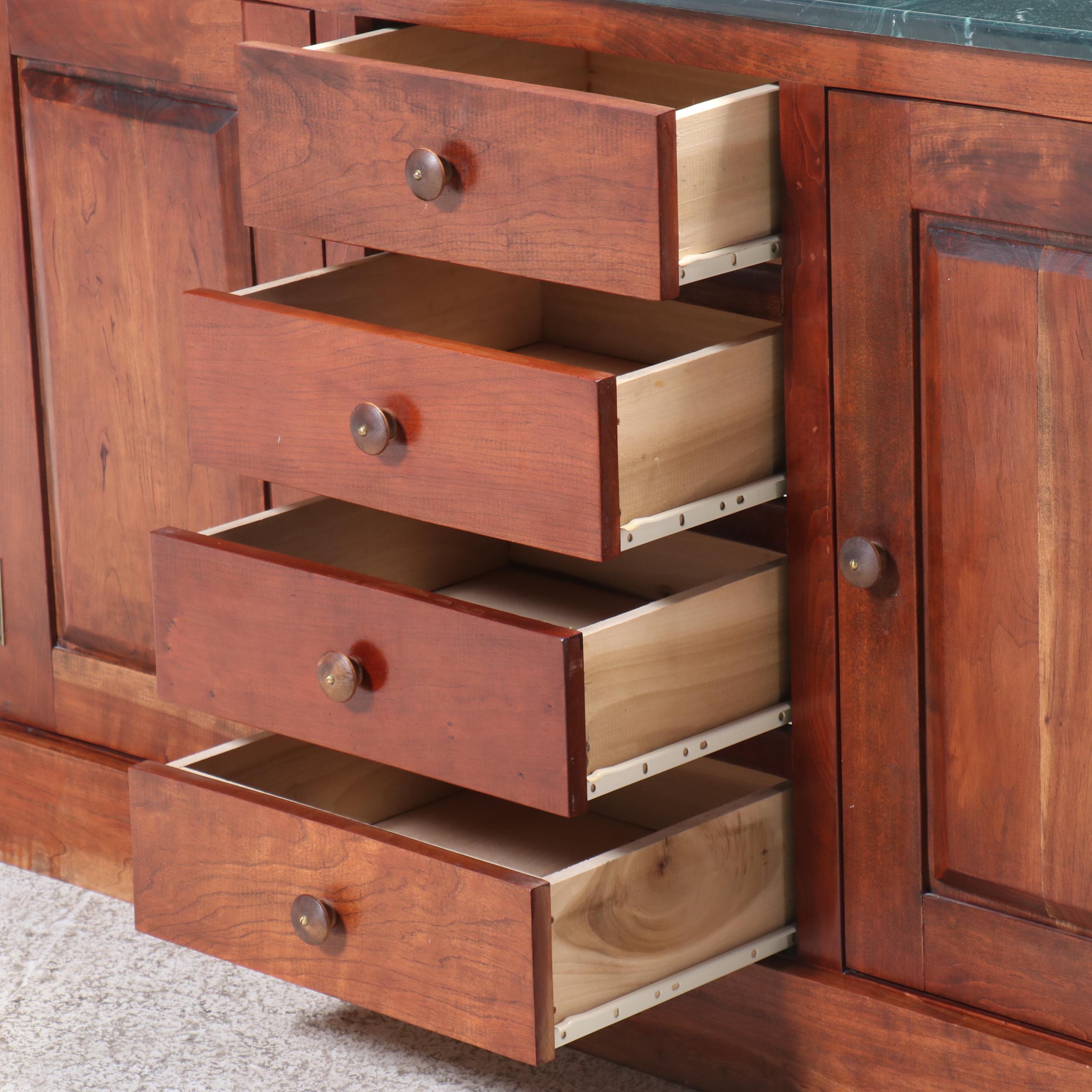 American Primitive Style Marble Top Cherry Buffet Cabinet, Late 20th Century