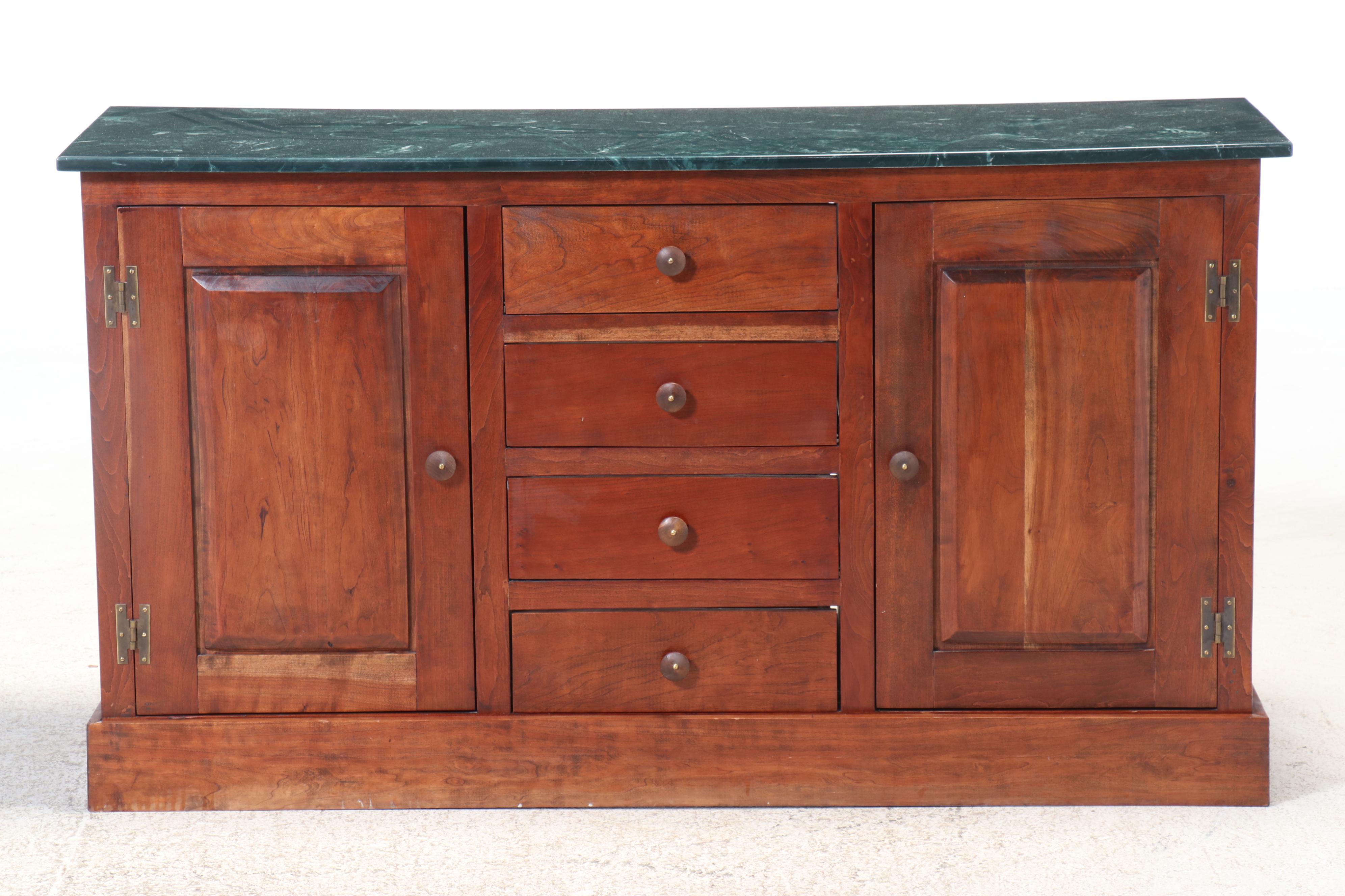 American Primitive Style Marble Top Cherry Buffet Cabinet, Late 20th Century