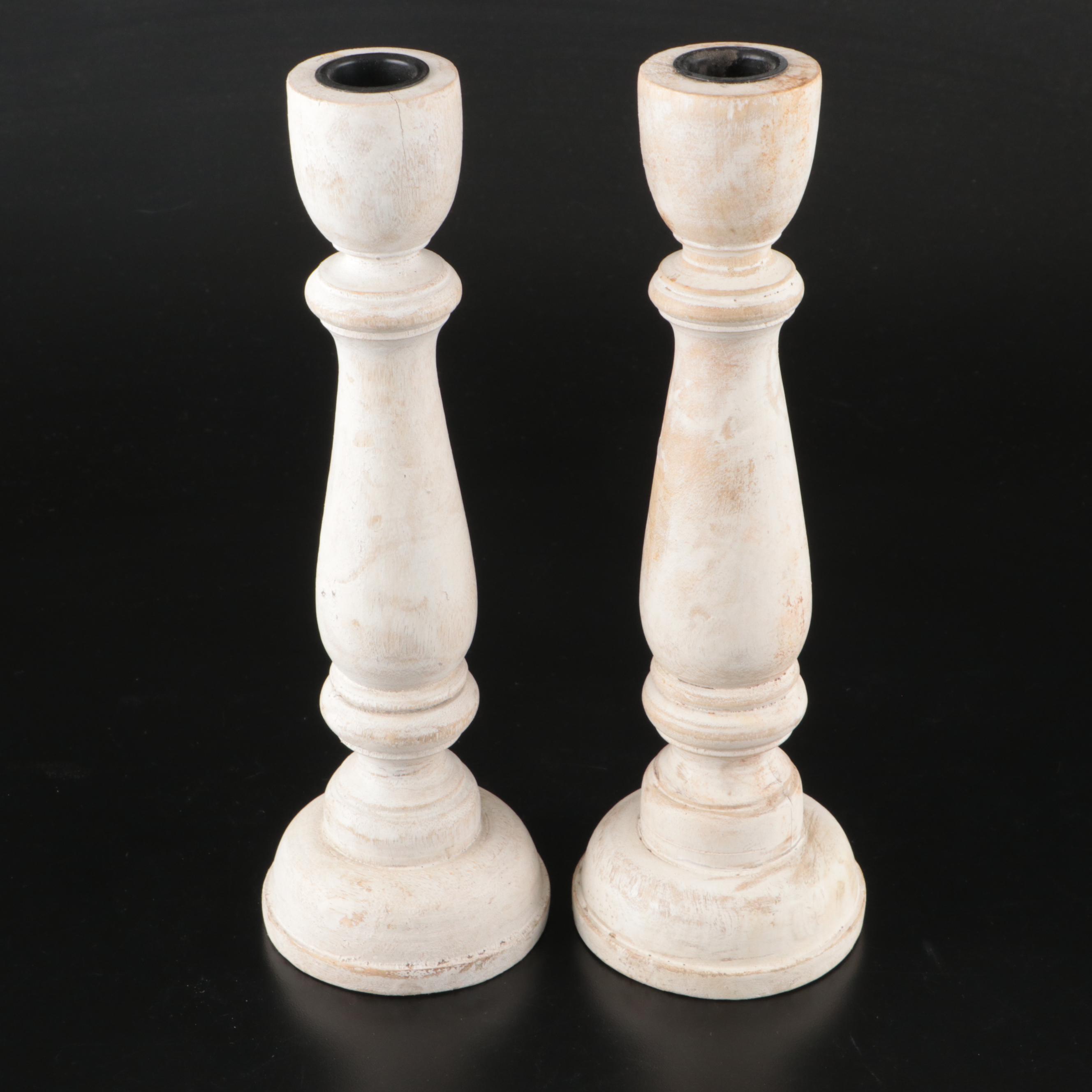 Set of Seven Lathe-Turned and Limed Wood Candlesticks