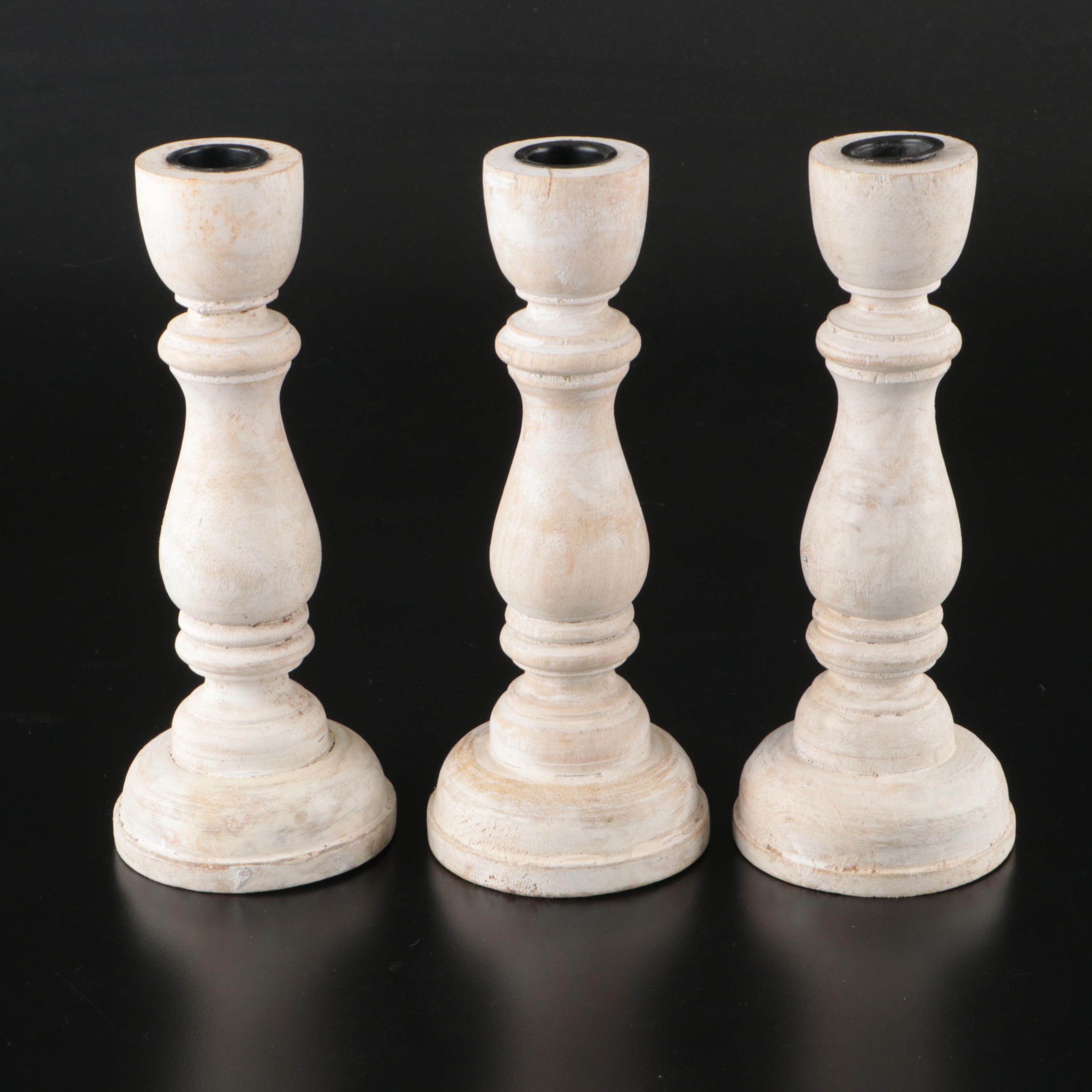Set of Seven Lathe-Turned and Limed Wood Candlesticks