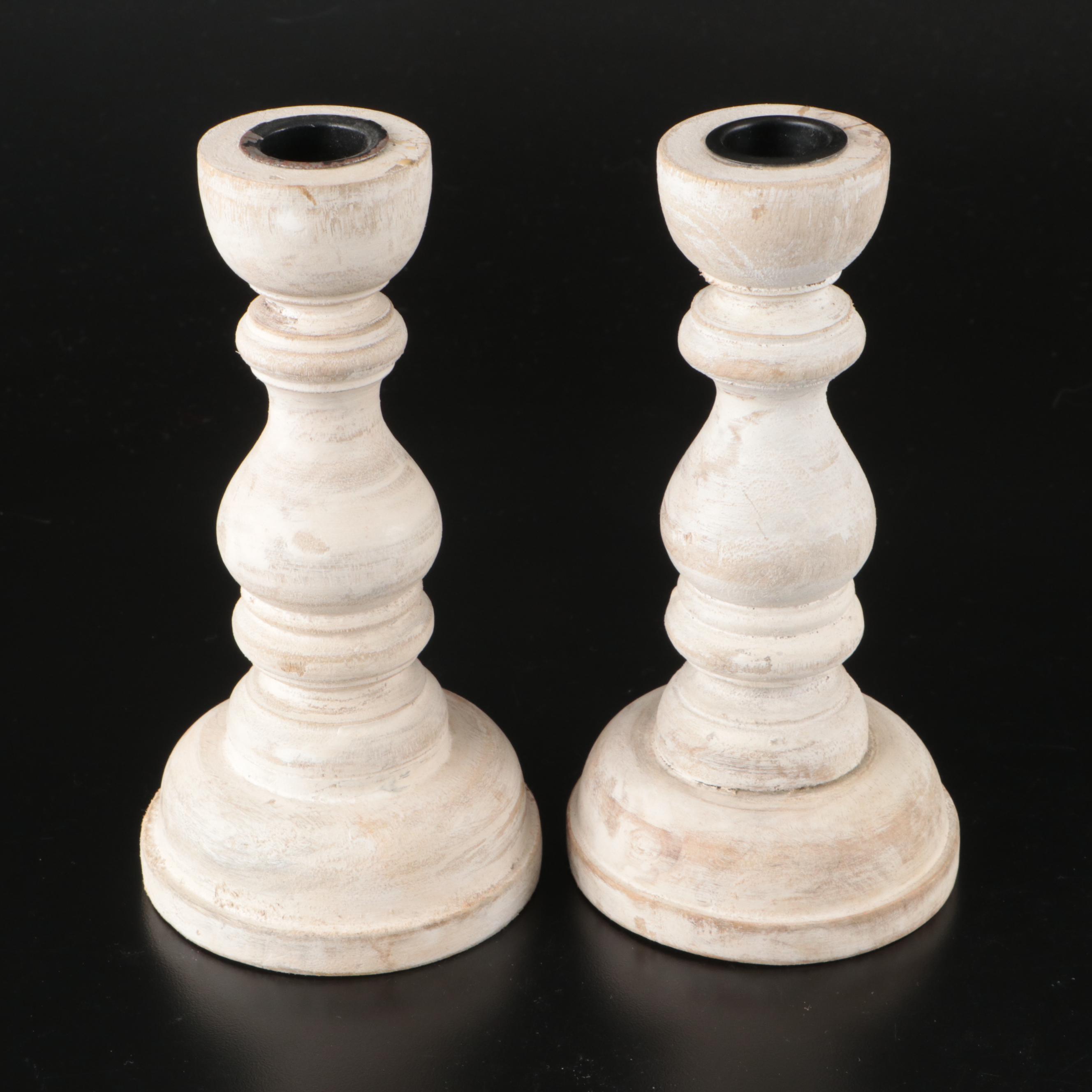 Set of Seven Lathe-Turned and Limed Wood Candlesticks