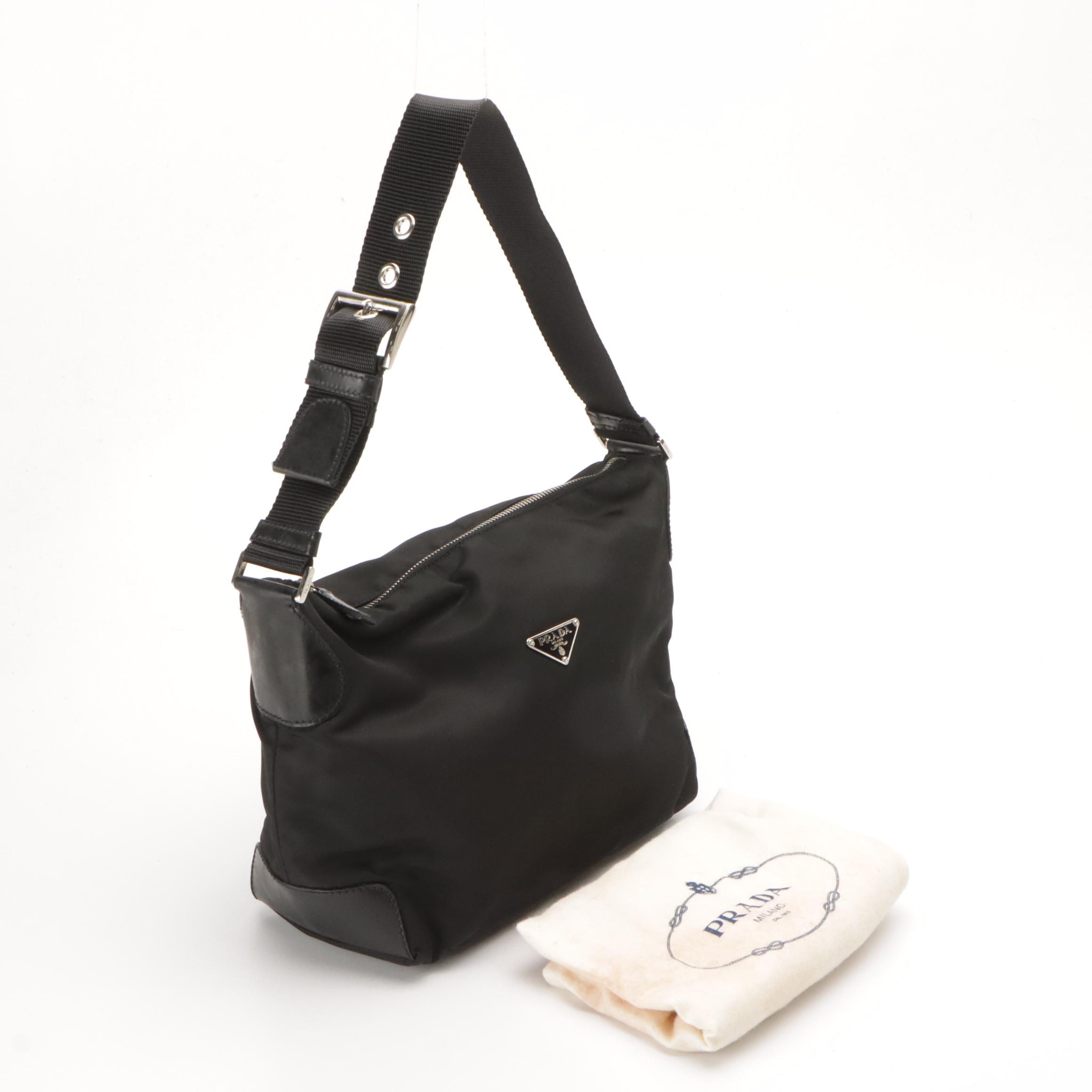 Prada Black Tessuto Nylon and Vitello Leather Shoulder Bag