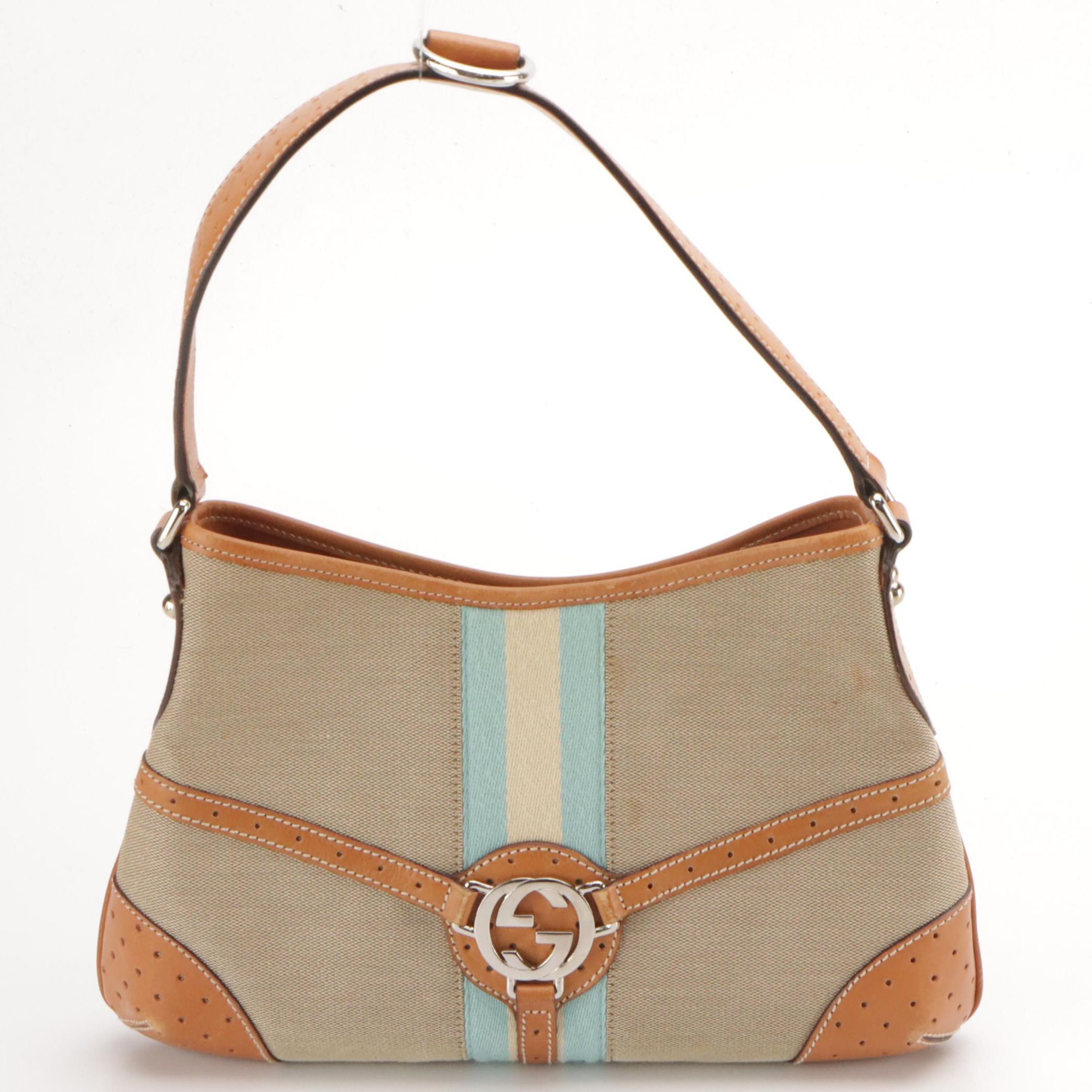 Gucci Reins Hobo Shoulder Bag in Beige Canvas, Blue Web Stripe and Brown Leather