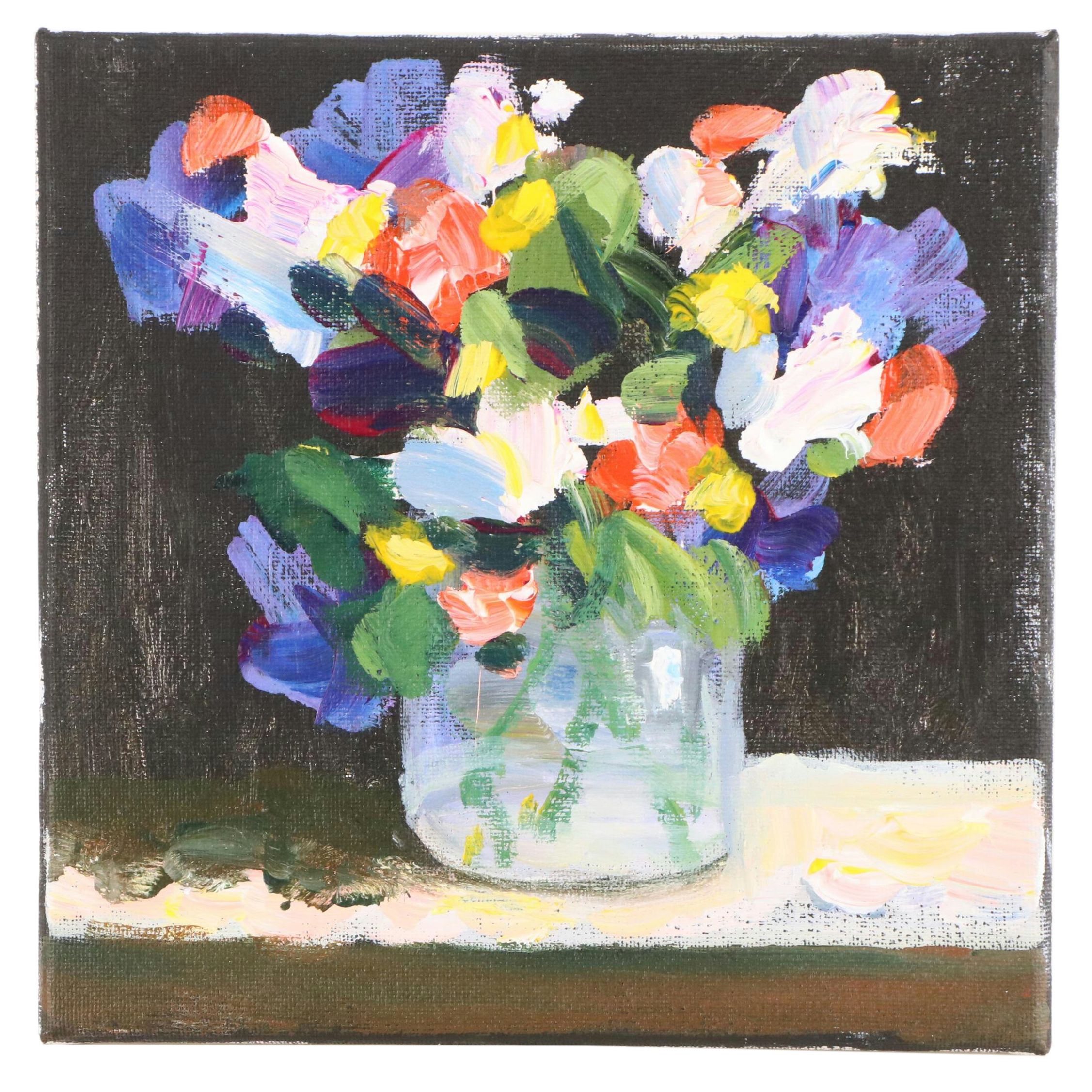 Elle Raines Stylized Floral Still Life Acrylic Painting, 21st Century