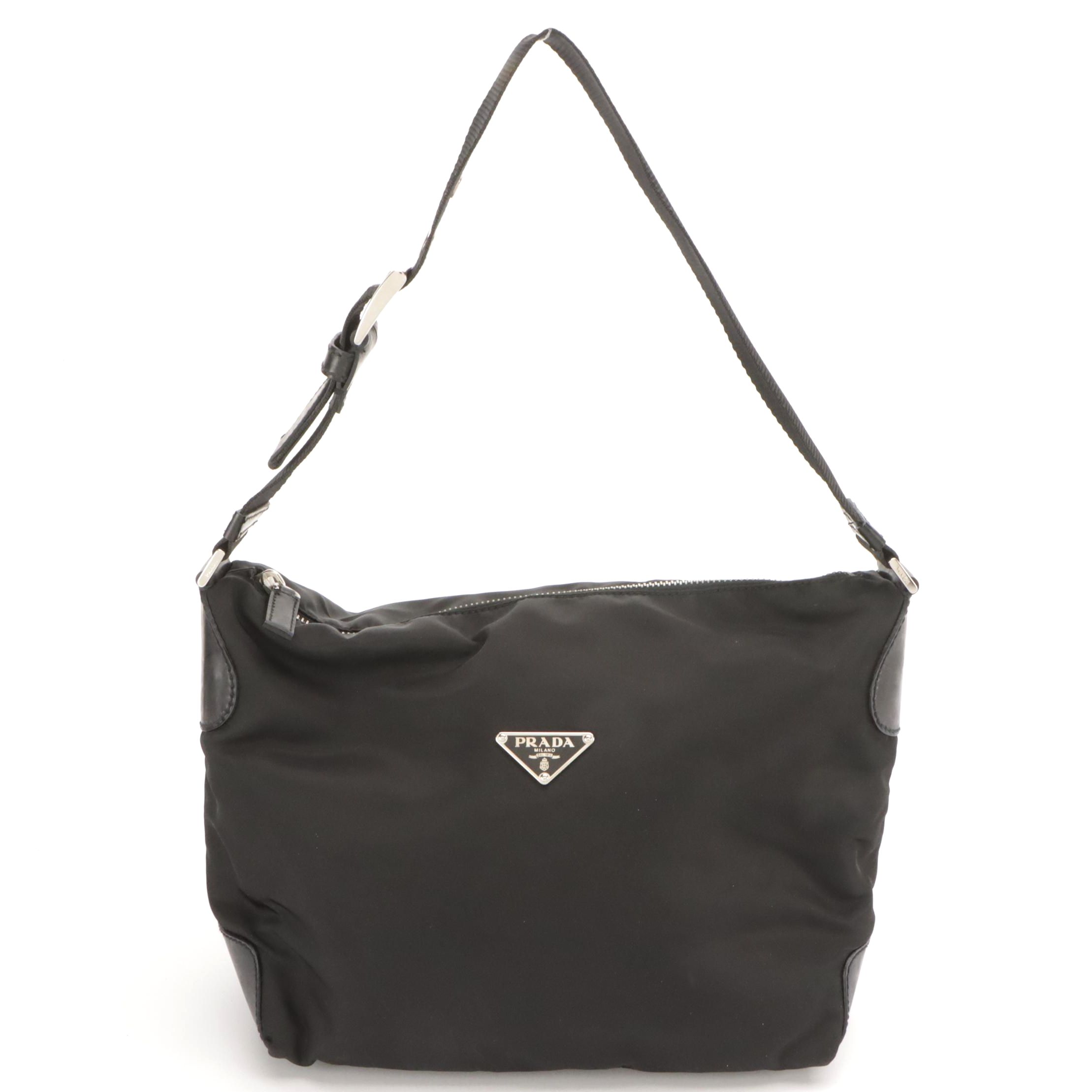 Prada Black Tessuto Nylon and Vitello Leather Shoulder Bag