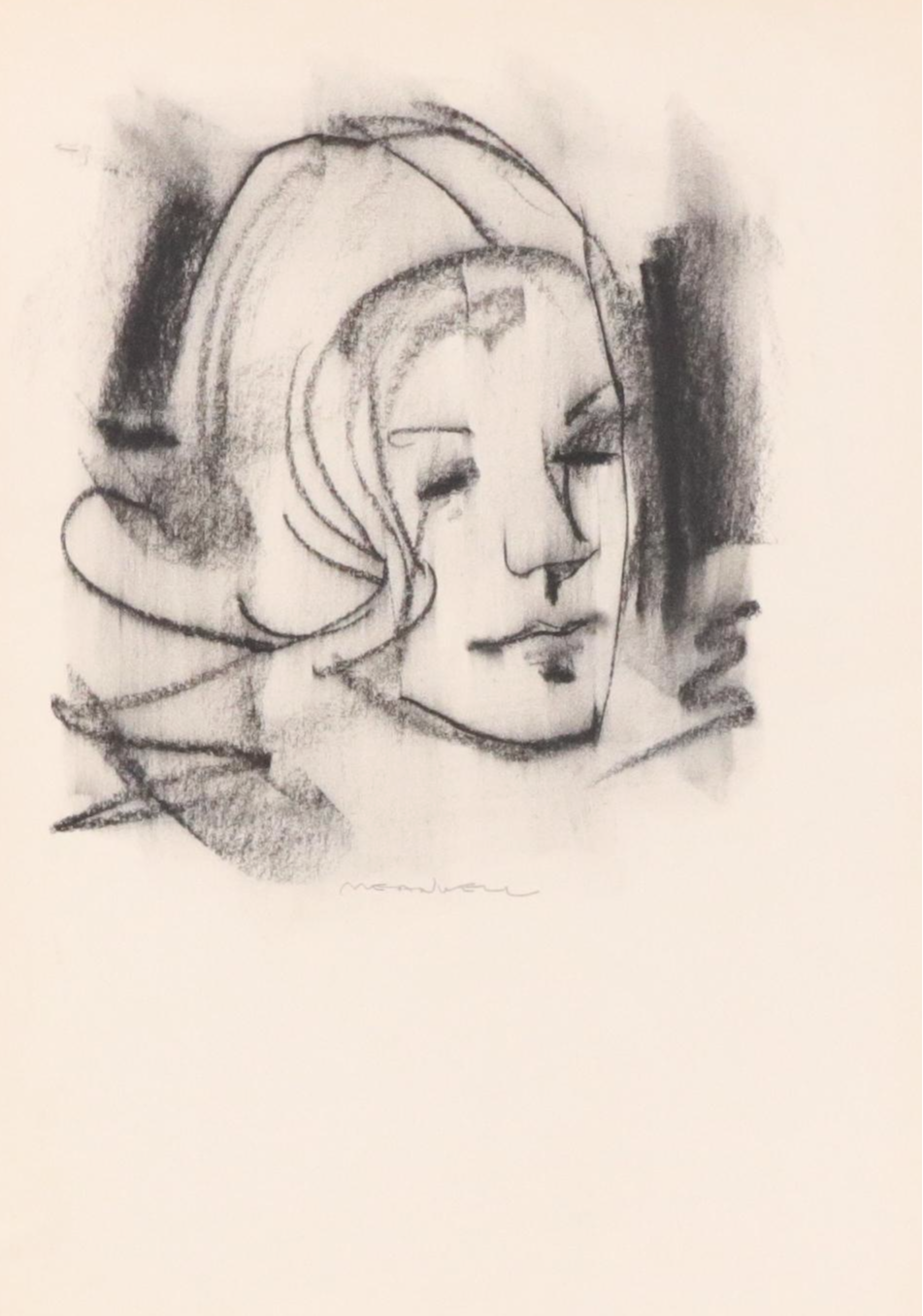 Jack Meanwell Gestural Portrait Charcoal Drawing, Late 20th Century