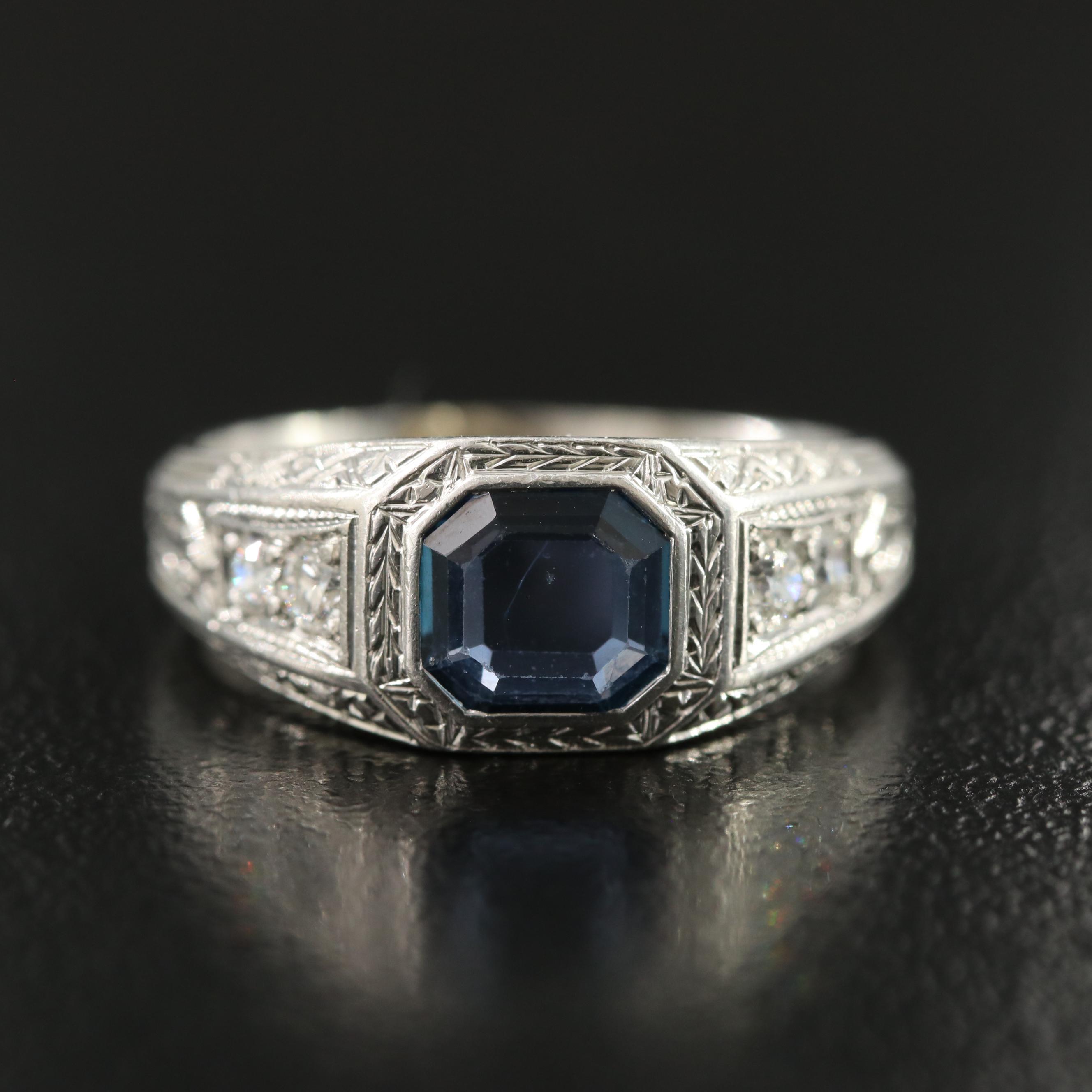 Art Deco Platinum Sapphire and Diamond Ring with Antique Tiffany and Co. Box