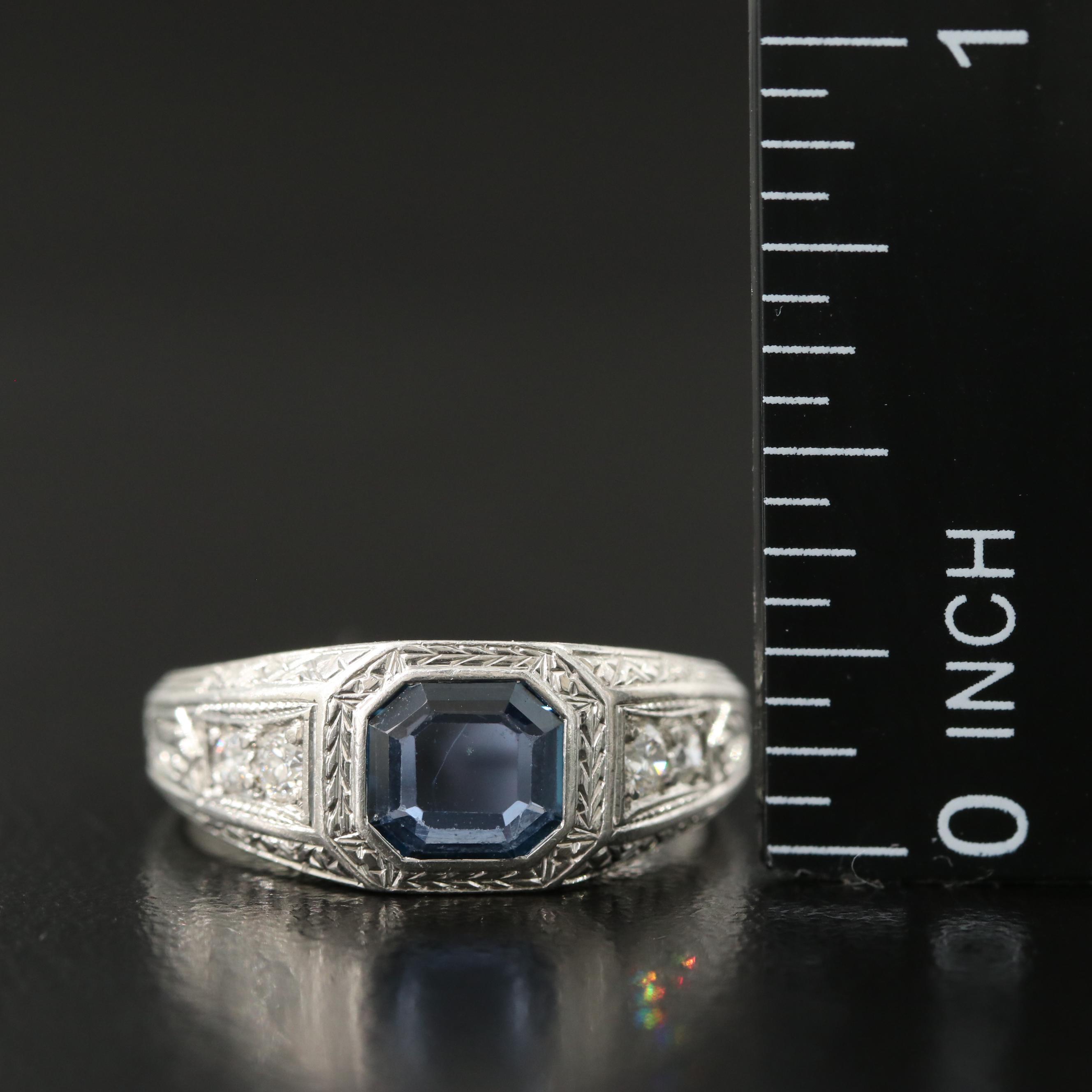 Art Deco Platinum Sapphire and Diamond Ring with Antique Tiffany and Co. Box